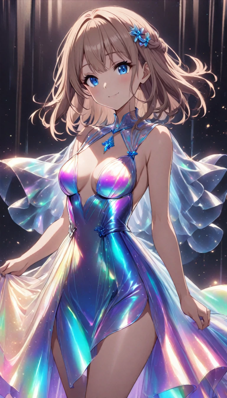 1girl,light brown color medium length hair,blue eyes,kind smile,medium breasts,bioluminescent dress,iridescent,dark background,cowboy shot,