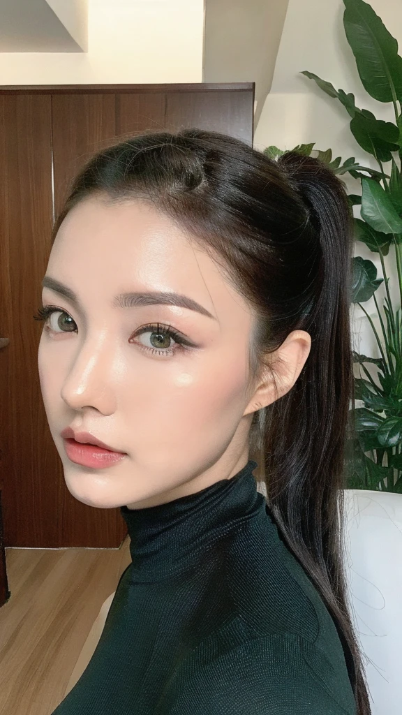 (realista, high resolution), 1 garota com um corpo perfeito, olhos super finos, cabelo preto comprido ponytail, biquini, peito grande, expor decote, olhos verdes, Asian face, corpo definido, full body