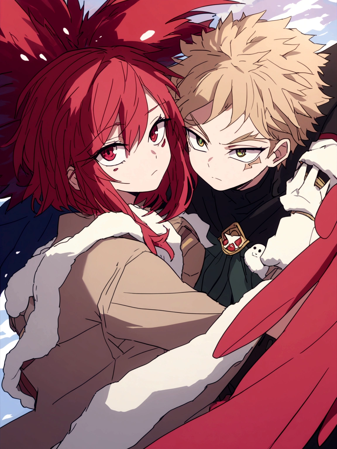 Estilo manga panel de Boku no hero, personaje masculino Hawks, cabello corto rubio ligeramente ondulado, ojos dorados con delineado, cejas pobladas, alas rojas,  Jugando en la nieve con ,Girl with short black hair with crimson red tips. ojos verdes con pecas en sus mejillas. small and slim stature with few frontal attributes wearing a white tunic on top and a long skirt with two slits on her legs
