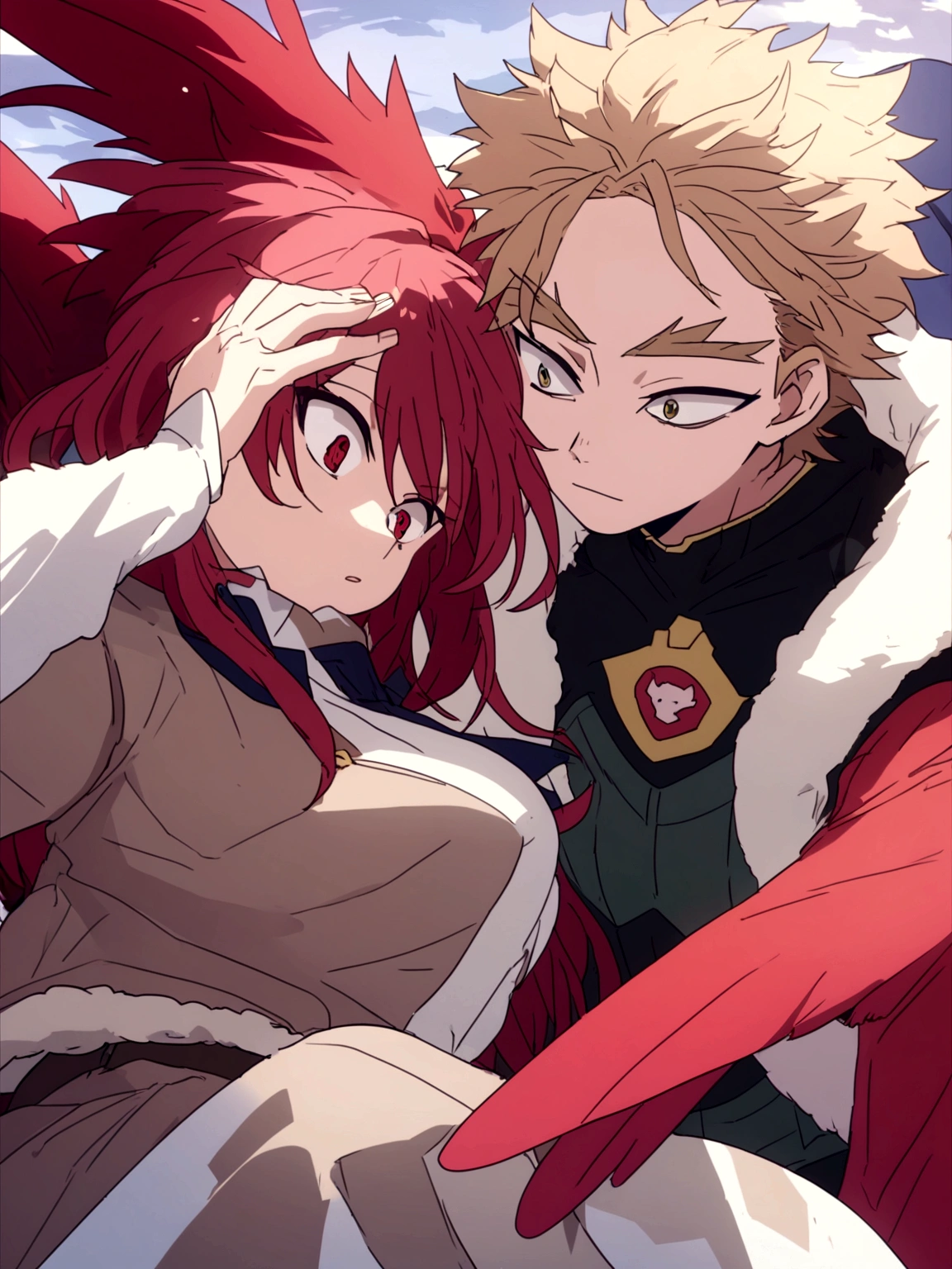 Estilo manga panel de Boku no hero, personaje masculino Hawks, cabello corto rubio ligeramente ondulado, ojos dorados con delineado, cejas pobladas, alas rojas,  Jugando en la nieve con ,Girl with short black hair with crimson red tips. ojos verdes con pecas en sus mejillas. small and slim stature with few frontal attributes wearing a white tunic on top and a long skirt with two slits on her legs
