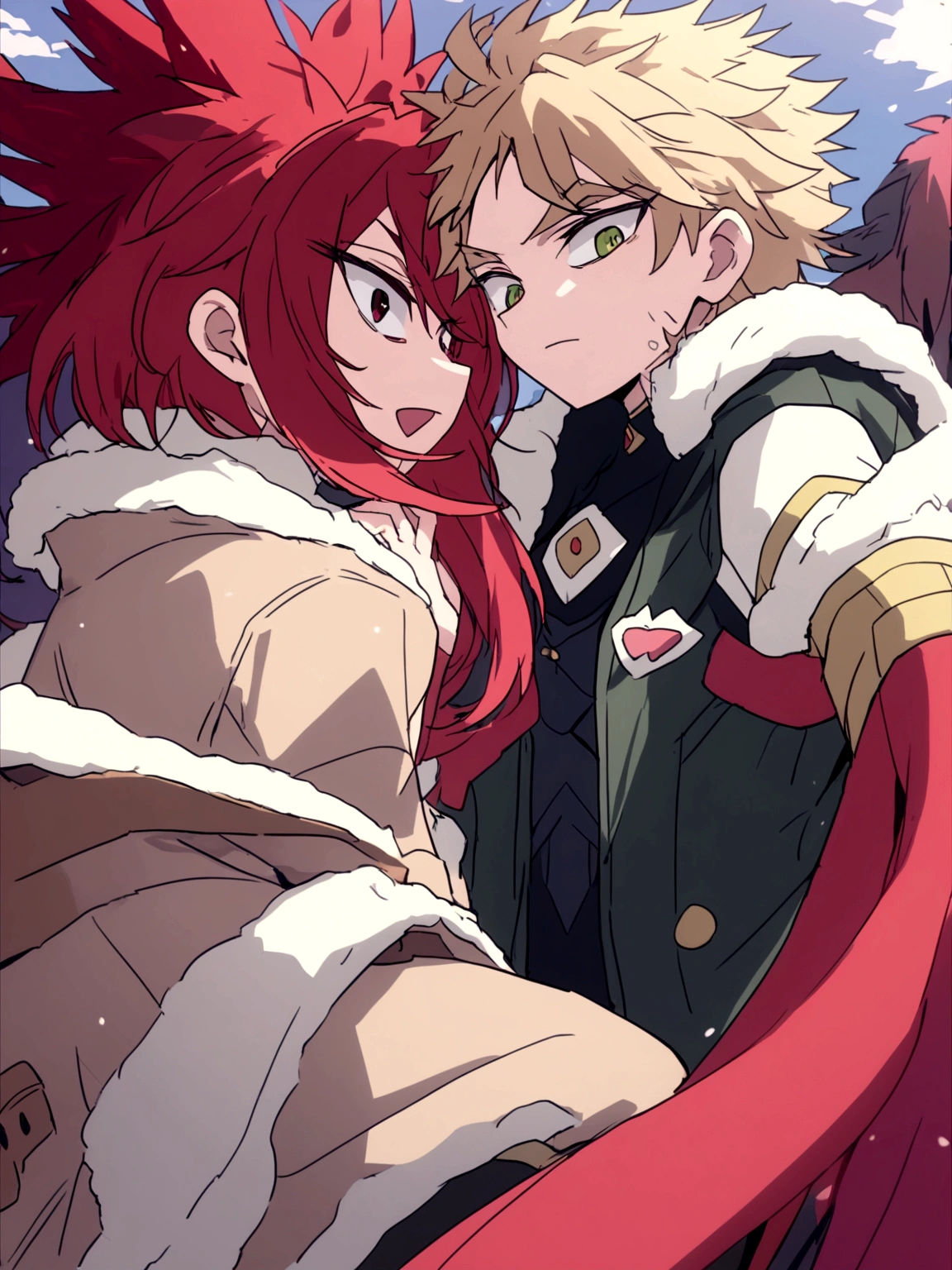 Estilo manga panel de Boku no hero, personaje masculino Hawks, cabello corto rubio ligeramente ondulado, ojos dorados con delineado, cejas pobladas, alas rojas,  Jugando en la nieve con ,Girl with short black hair with crimson red tips. ojos verdes con pecas en sus mejillas. small and slim stature with few frontal attributes wearing a white tunic on top and a long skirt with two slits on her legs