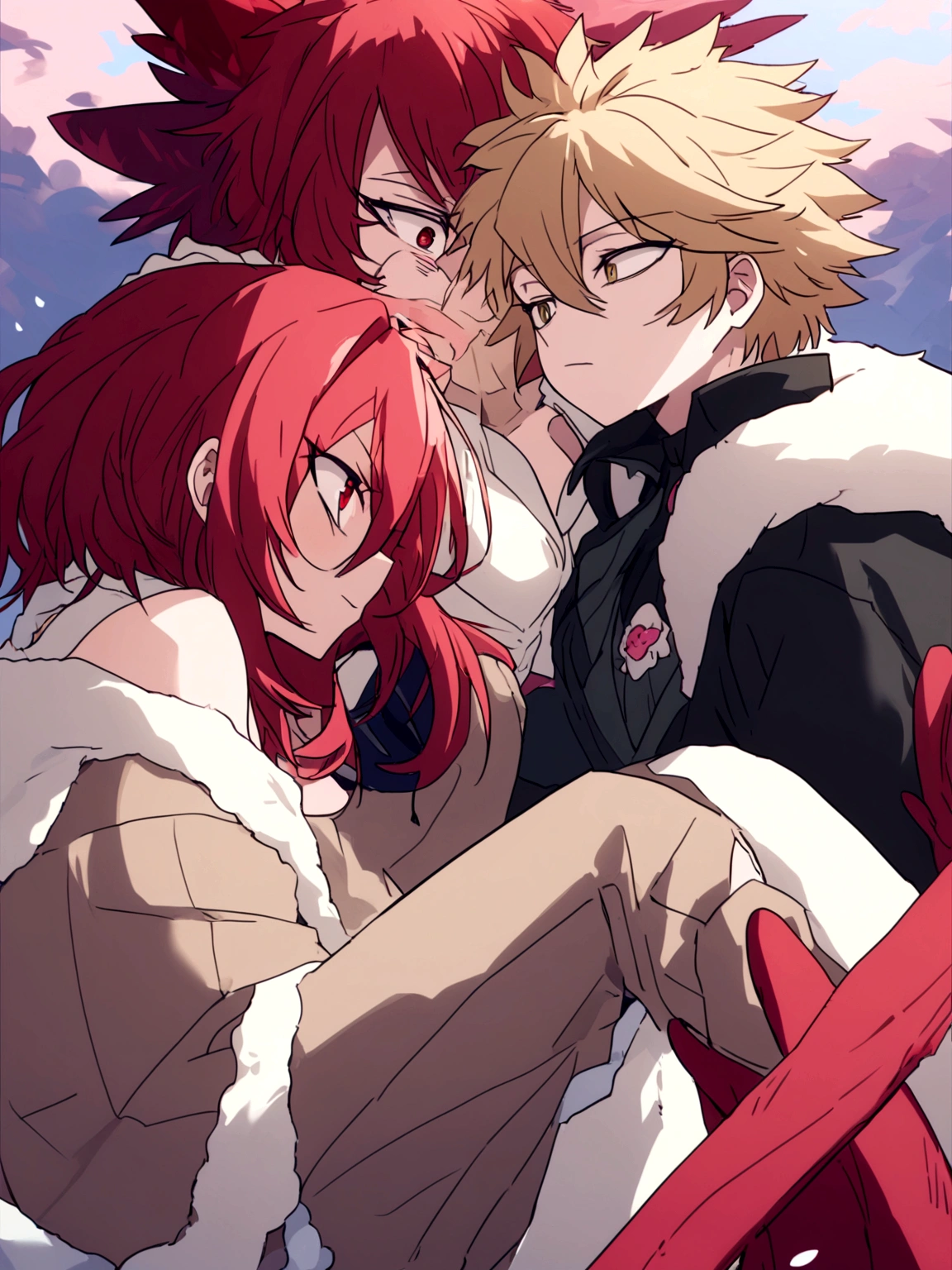 Estilo manga panel de Boku no hero, personaje masculino Hawks, cabello corto rubio ligeramente ondulado, ojos dorados con delineado, cejas pobladas, alas rojas, Jugando en la nieve con ,Girl with short black hair with crimson red tips. ojos verdes con pecas en sus mejillas. small and slim stature with few frontal attributes wearing a white tunic on top and a long skirt with two slits on her legs