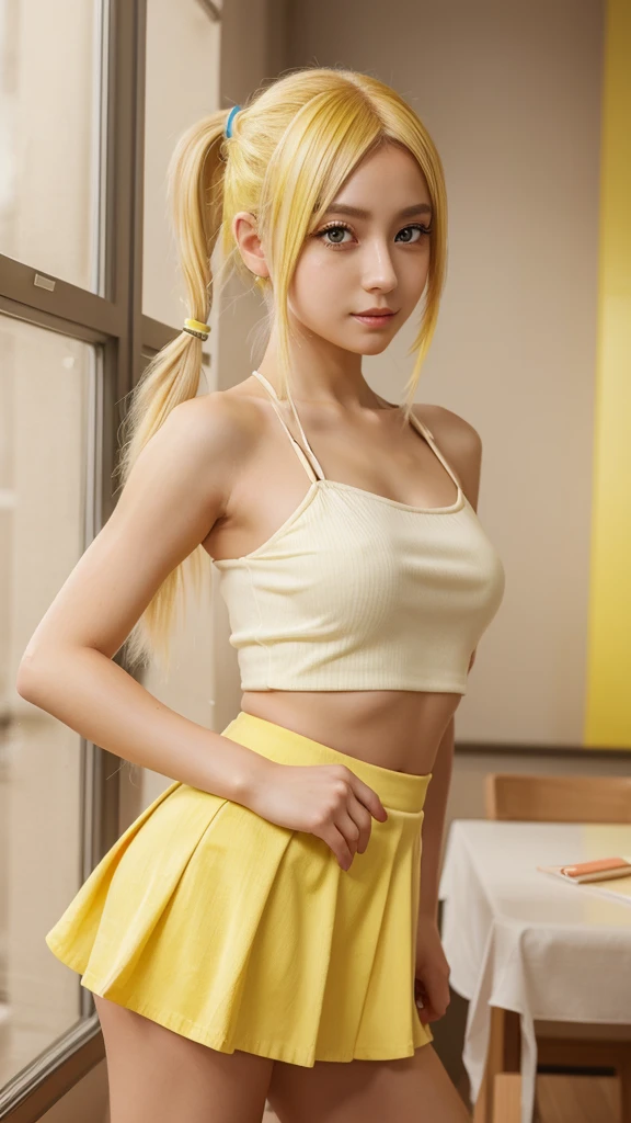 a beautiful anime girl in a mini skirt, with yellow hair in two side pigtails, detailed face, beautiful eyes, cute expression, elegant pose, highly detailed, intricate, photorealistic, 8k, best quality, masterpiece, vibrant colors, soft lighting, warm tones
