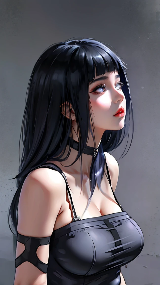 1 girl, Hinata Hyuga, the last, shy girl, long black hair, blunt bangs, dark hair, Voluminous hair, lavender eyes, no pupils, Lavender Sleeveless Kimono Blouse, long black boots, navy blue shorts, Black translucent stockings, holster, bandage on thigh, open sandals, big breasts, wide hips, shapely legs, slim waist, looking at viewer, masterpiece, best quality, Professional, realistic, Adult, 26 years.