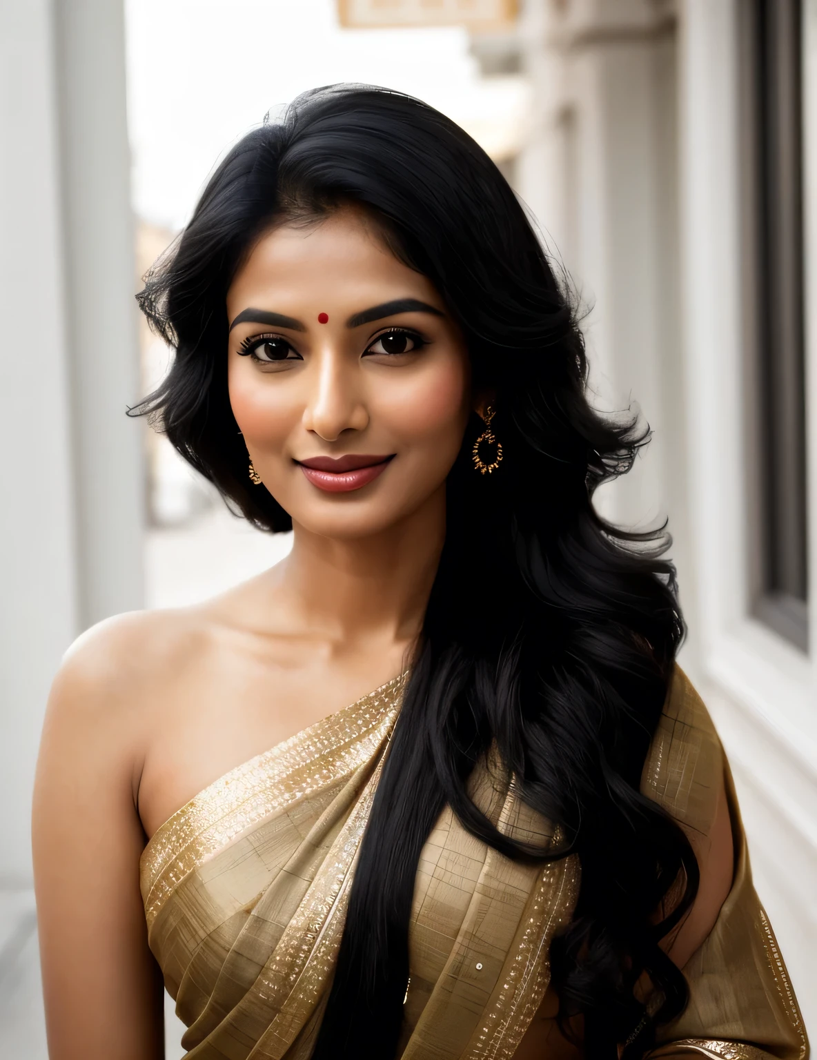 beautiful cute mature attractive indian lady, lady, 35 years old women, cute, black hair, warm, in mall , western dress, makeup, indian ,Indian, Saree, The face of an Indian woman with fair skin and brown-blonde hair. Age 35 years old women. She has striking almond-shaped eyes, a straight, delicate nose, and full lips that curve into a gentle smile. Her black hair frames her face in soft waves, with subtle highlights that catch the light. Her eyebrows are well-defined, accentuating her expressive eyes, and her complexion is clear and radiant, reflecting her natural beauty.
