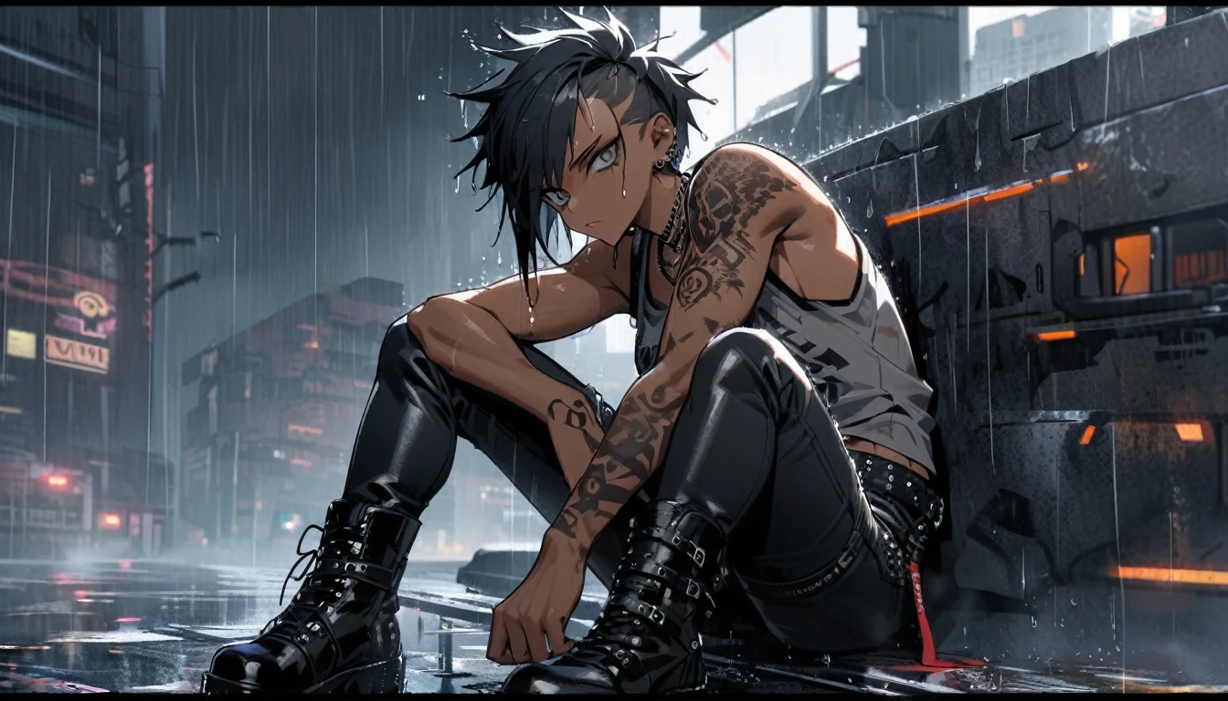 tanned skin, badass, thighs,  looking at us, raining, wet, dripping, shocking black hair, punk,  futuristic elements,  black jeans with boots, tattoos, ((he is solo)), ((he is alone)), gray tank top,
