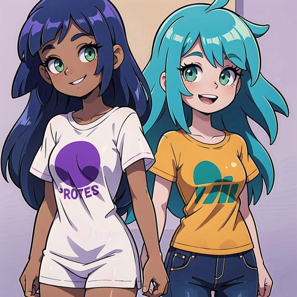 One Girl with long hair, straight hair, vibrant blue hair, green eyes, tan skin, wearing a purple t-shirt, very happy, background white.