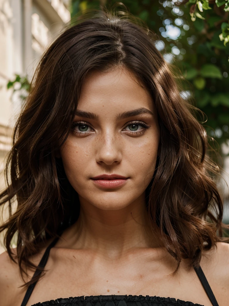 a 22 year old woman, amused look and an elegant appearance. My dark brown hair falls in long waves over my shoulders and back, frames my face and highlights my green eyes. Meine vollen, red lips are slightly open, als ob ich etwas sagen wollte. My snub nose is covered with freckles, which contrast with my tanned skin. Meine Augenbrauen sind dick und dunkel, gives me a seductive look. Meine Wangenknochen sind hoch und definiert, und meine Wimpern sind lang und geschwungen,(Moist skin feeling), Seductive female portraits, ((komplizierte Dessous, Sonnenstrahlen, Filmisch, Fotografie-Dimension))