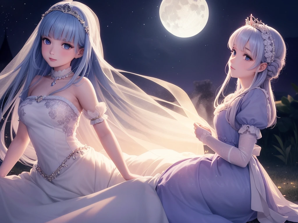 A princess with a delicate and beautiful face, large eyes, and translucent skin is looking up at the moon from a castle, dressed in a traditional and gorgeous medieval European dress. A gentle, warm light surrounds the princess. The background is filled with soft out-of-focus light, and the pale blue and purple tones create a dreamy, serene, and enchanting atmosphere. Fireflies glowing in the moonlit night surround the princess, adding to the magical and ethereal atmosphere. Emphasis on the armpits