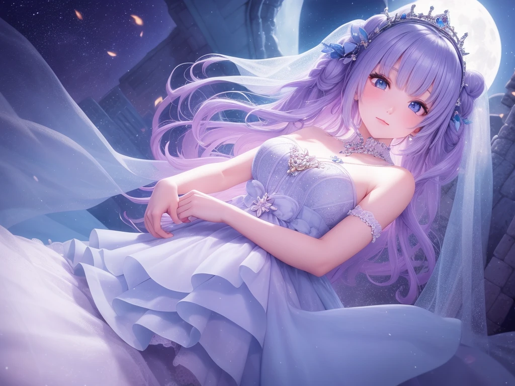 A princess with a delicate and beautiful face, large eyes, and translucent skin is looking up at the moon from a castle, dressed in a traditional and gorgeous medieval European dress. A gentle, warm light surrounds the princess. The background is filled with soft out-of-focus light, and the pale blue and purple tones create a dreamy, serene, and enchanting atmosphere. Fireflies glowing in the moonlit night surround the princess, adding to the magical and ethereal atmosphere. Emphasis on the armpits