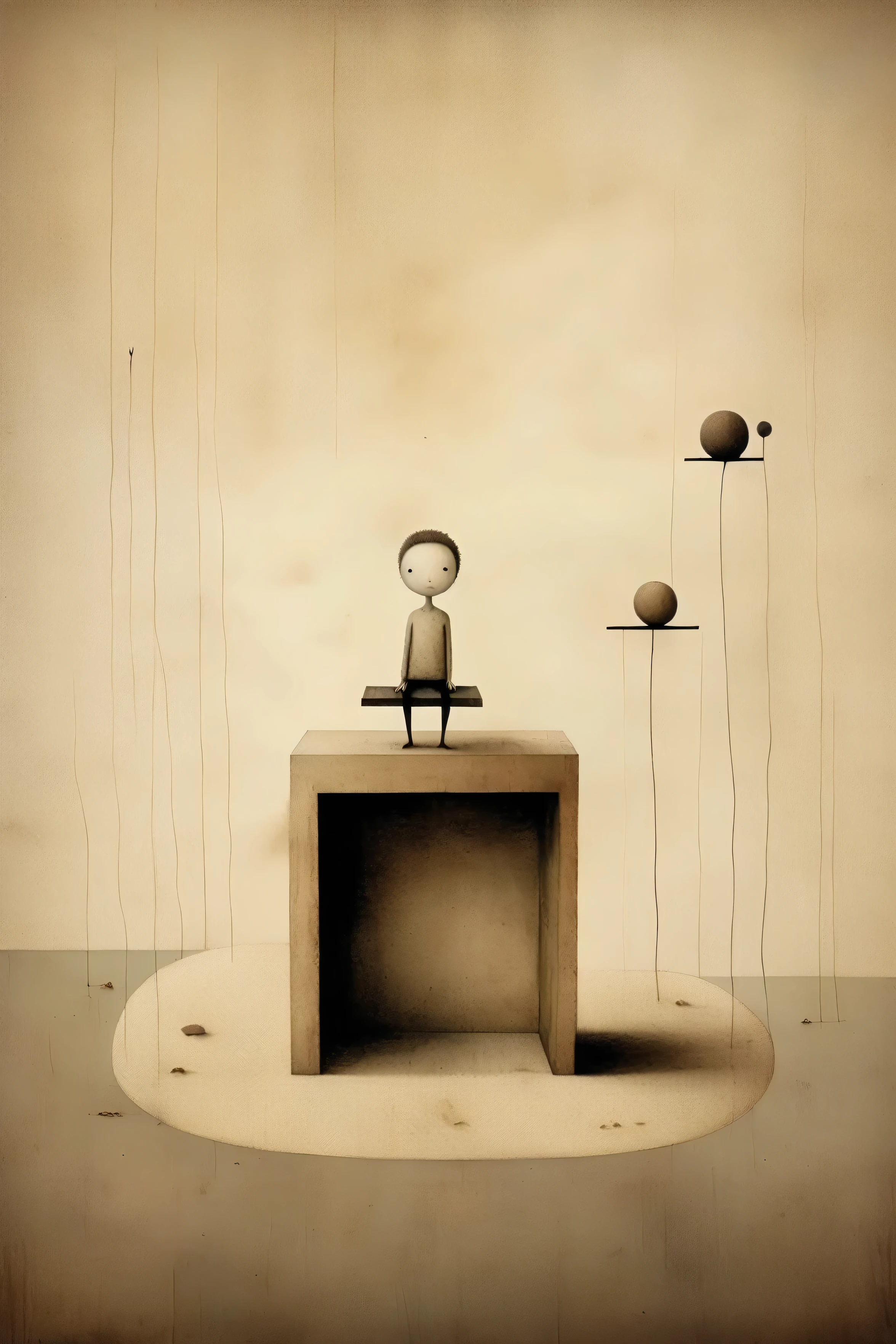 Gabriel Pacheco style - lonely teenager sitting on the bed in a deep room, arte bbc2, ao estilo de Gabriel Pacheco, post-minimalist structures,  conjuntos minimalistas, Gediminas Pranckevicius, marrom claro e preto, nature-inspired installations