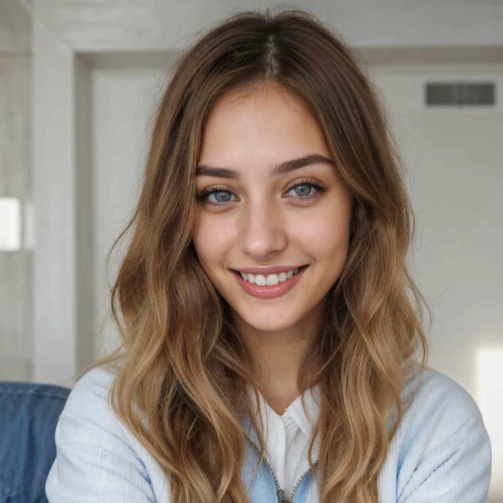 one cute women, 22YO, white, Arab, cute face, realistic brown eyes, blue jacket, blonde/brown hair, cute smile, skinny face, white realistic teethes, big eyes, long hair