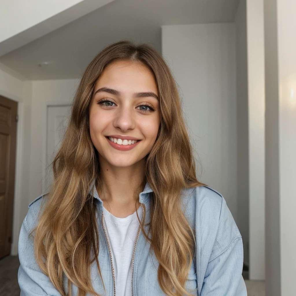 one cute women, 22YO, white, Arab, cute face, realistic brown eyes, blue jacket, blonde/brown hair, cute smile, skinny face, white realistic teethes, big eyes, long hair