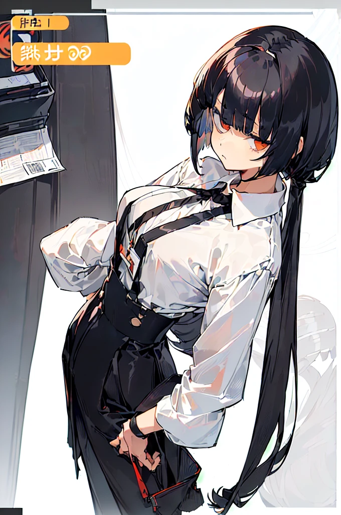 (((((shy girl))))), ((((shy posture)))), (((((1 Girl))))), (((standing up straight))), (((full body))), ((((flat chested)))), ((amber-colored irises on her eyes)), ((((Urabe Mikoto Mysterious Girlfriend X anime style haircut)))), ((((((((hair bangs over eyes)))))))), ((((eyes behind hair)))), (((black short messy bob-cut))), ((((((eyes not visible due to being covered by hair)))))), ((((eyes not visible due to be hidden by hair bangs)))), ((((black high-waist long slacks)))), ((black suspenders)), (((black tie))), (((women's dress shirt))), ((women's dress shoes)), (((20-year-old Office Lady))), ((((Office Setting)))), (((name tag labeled in English, "Kaiden"))), (((character design)))