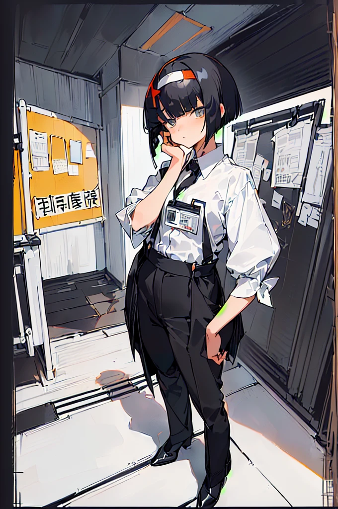 (((((shy girl))))), ((((shy posture)))), (((((1 Girl))))), (((standing up straight))), (((full body))), ((((flat chested)))), ((amber-colored irises on her eyes)), ((((Urabe Mikoto Mysterious Girlfriend X anime style haircut)))), ((((((((hair bangs over eyes)))))))), ((((eyes behind hair)))), (((black short messy bob-cut))), ((((((eyes not visible due to being covered by hair)))))), ((((eyes not visible due to be hidden by hair bangs)))), ((((black high-waist long slacks)))), ((black suspenders)), (((black tie))), (((women's dress shirt))), ((women's dress shoes)), (((20-year-old Office Lady))), ((((Office Setting)))), (((name tag labeled in English, "Kaiden"))), (((character design)))