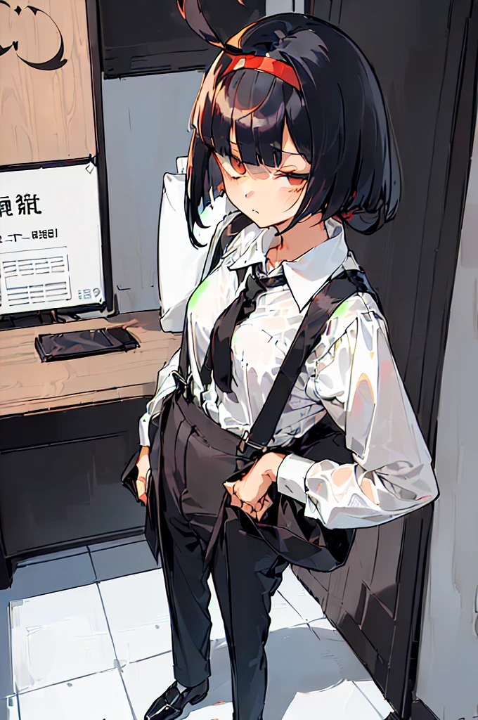 (((((shy girl))))), ((((shy posture)))), (((((1 Girl))))), (((standing up straight))), (((full body))), ((((flat chested)))), ((amber-colored irises on her eyes)), ((((Urabe Mikoto Mysterious Girlfriend X anime style haircut)))), ((((((((hair bangs over eyes)))))))), ((((eyes behind hair)))), (((black short messy bob-cut))), ((((((eyes not visible due to being covered by hair)))))), ((((eyes not visible due to be hidden by hair bangs)))), ((((black high-waist long slacks)))), ((black suspenders)), (((black tie))), (((women's dress shirt))), ((women's dress shoes)), (((20-year-old Office Lady))), ((((Office Setting)))), (((name tag labeled in English, "Kaiden"))), (((character design)))