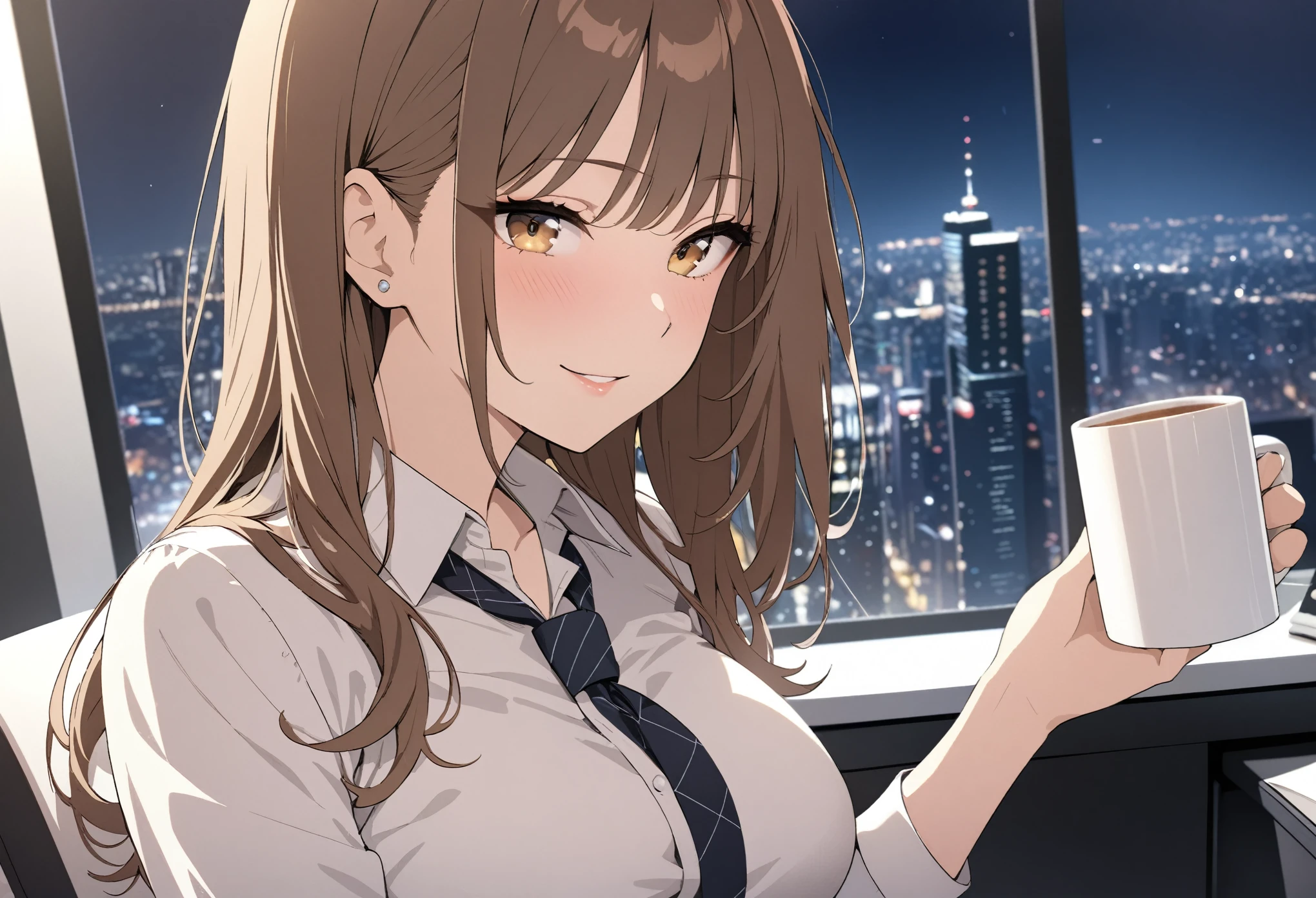 1lady sitting, holding a mug, office worker outfit, mature female, brown hair, bangs, seductive smile, (masterpiece best quality:1.2) delicate illustration ultra-detailed BREAK /(modern office indoors/), night skyscraper