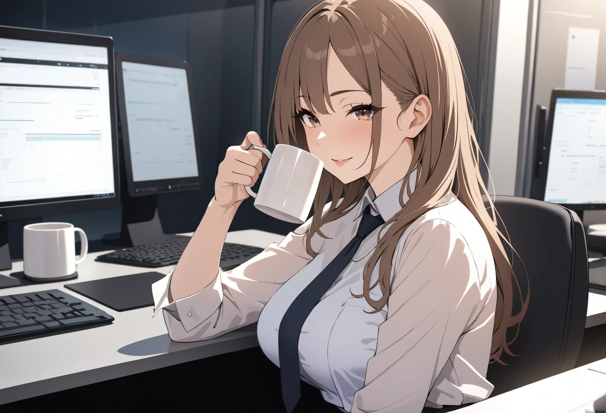 1lady sitting, holding a mug, office worker outfit, mature female, brown hair, bangs, seductive smile, (masterpiece best quality:1.2) delicate illustration ultra-detailed BREAK /(modern office indoors/), night skyscraper
