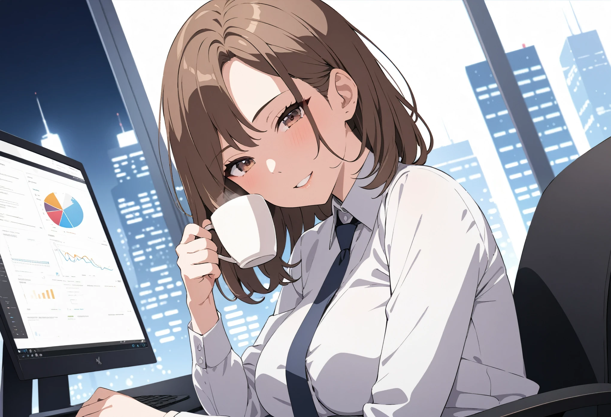 1lady sitting, holding a mug, office worker outfit, mature female, brown hair, bangs, seductive smile, (masterpiece best quality:1.2) delicate illustration ultra-detailed BREAK /(modern office indoors/), night skyscraper