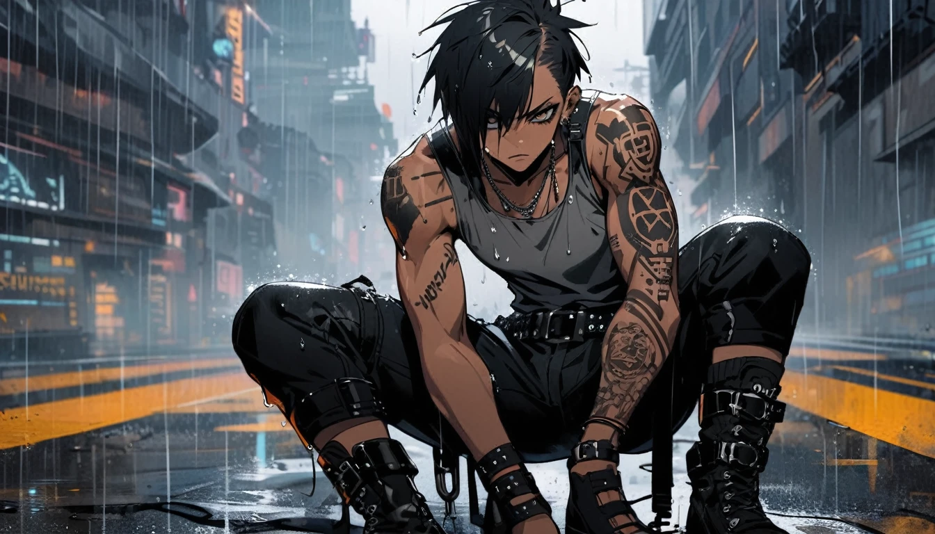 tanned skin, badass, thighs,  looking at us, raining, wet, dripping, shocking black hair, punk,  futuristic elements,  black jeans with boots, tattoos, ((he is solo)), ((he is alone)), gray tank top, athletic
