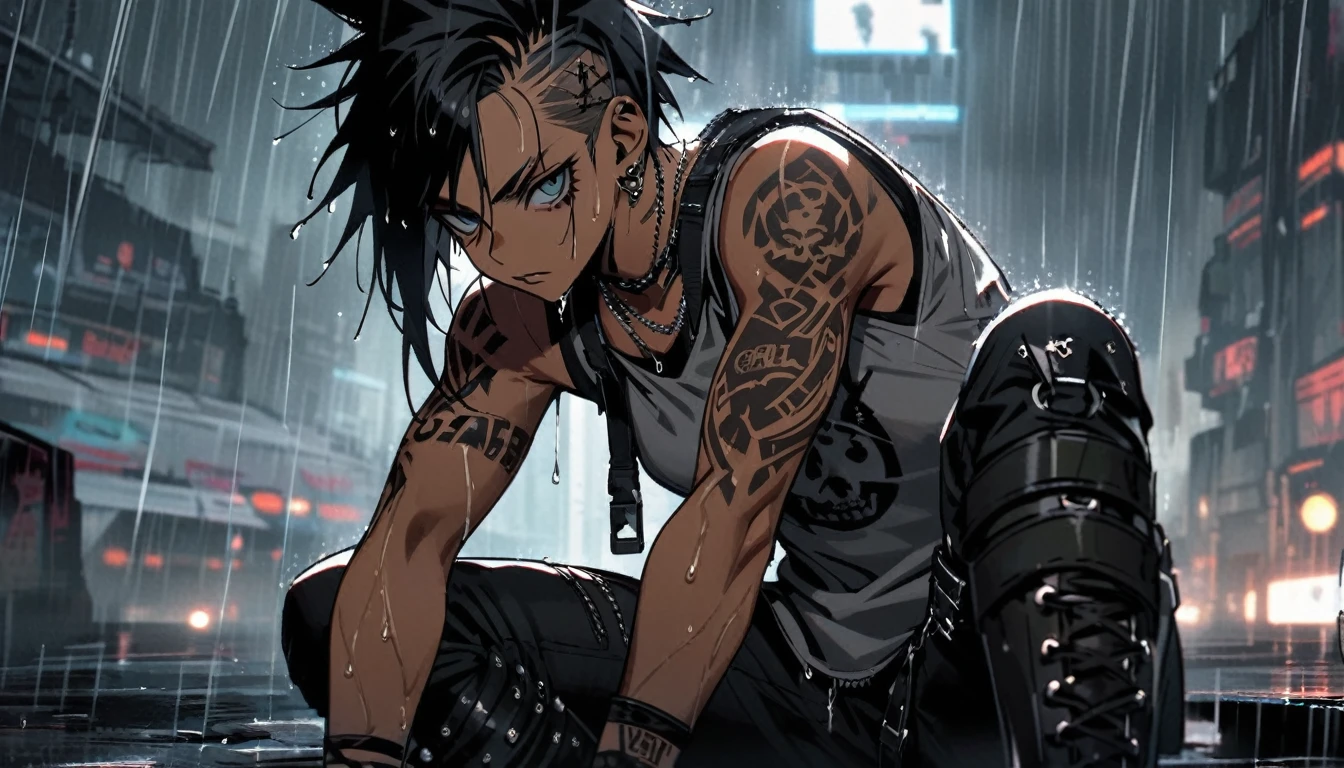 tanned skin, badass, thighs,  looking at us, raining, wet, dripping, shocking black hair, punk,  futuristic elements,  black jeans with boots, tattoos, ((he is solo)), ((he is alone)), gray tank top, athletic
