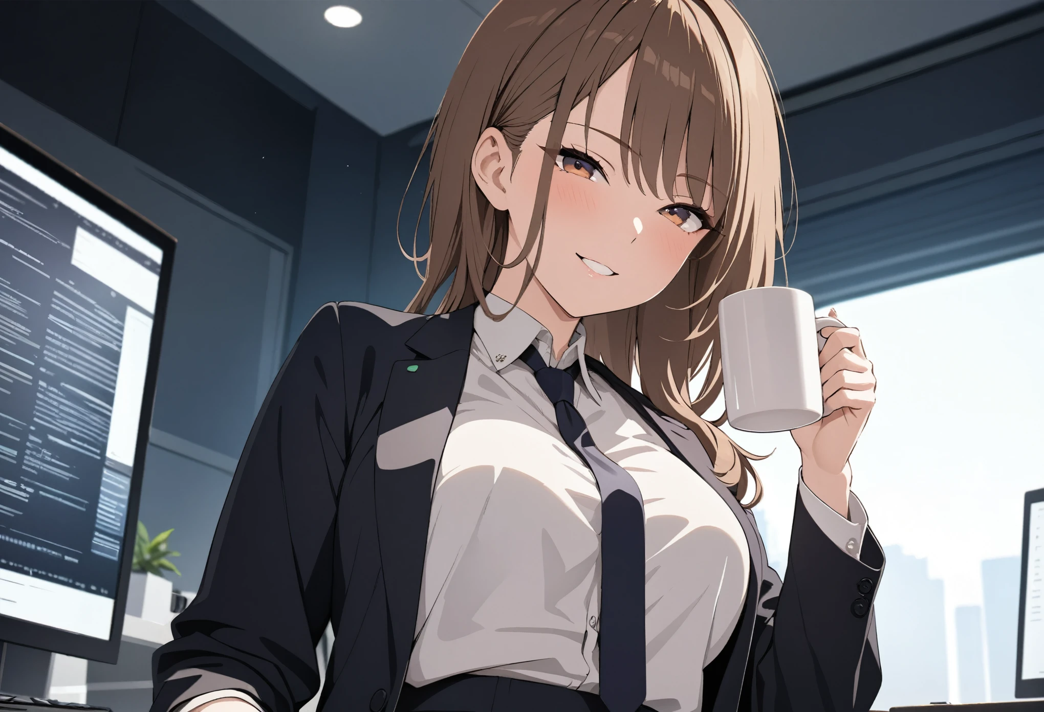 1lady sitting, holding a mug, office worker outfit, mature female, brown hair, bangs, seductive smile, (masterpiece best quality:1.2) delicate illustration ultra-detailed BREAK /(modern office indoors/), night skyscraper