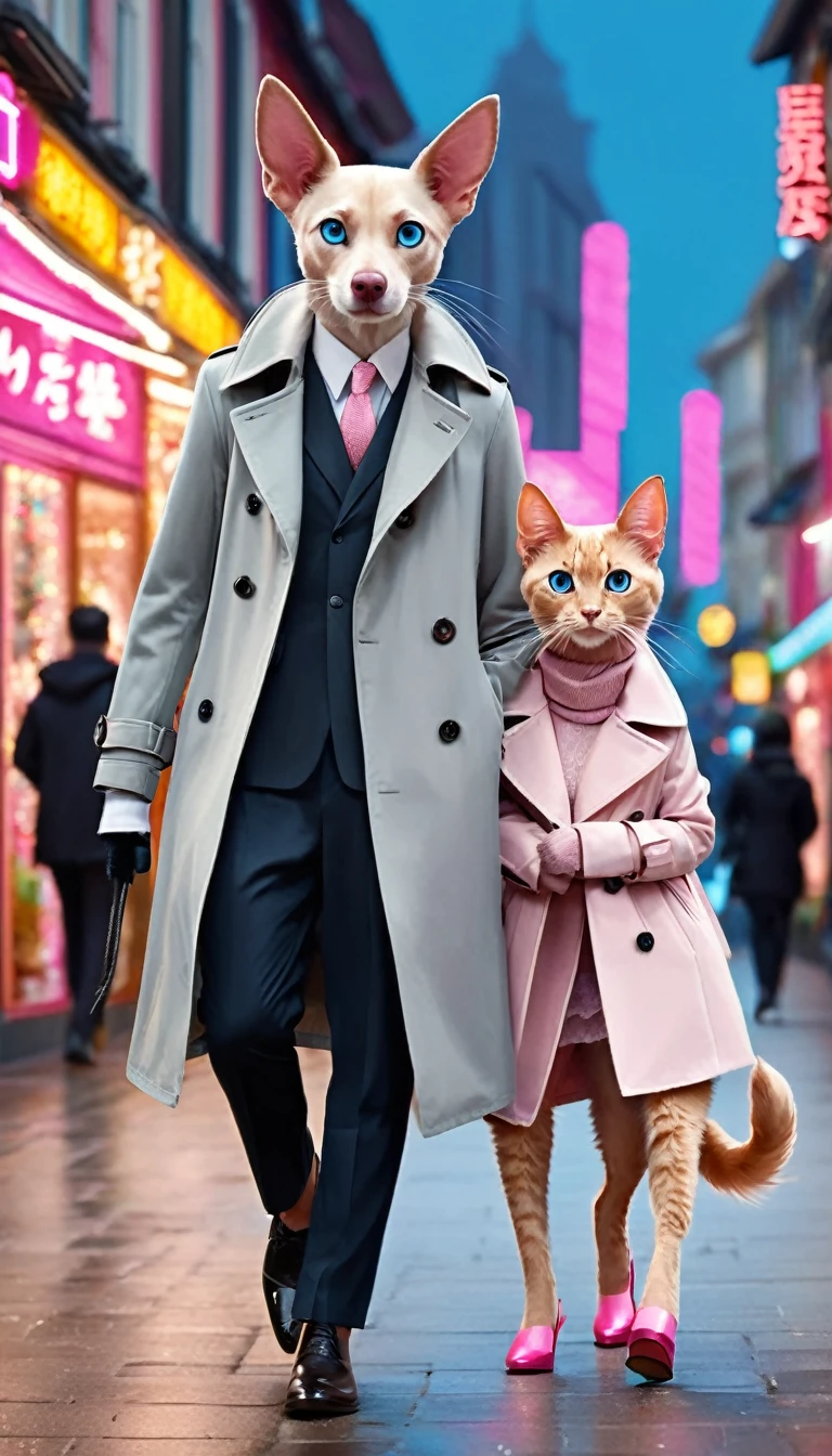 A tall male anthropomorphic dog，With brown dog ears and cunning eyes，Wearing a stylish grey trench coat and black trousers，Two slender animal legs take steady steps。Next to her is a petite and cute anthropomorphic female cat，She has pink cat ears and lively blue eyes，Wearing a white lace dress and pink high heels，Two people walking hand in hand on the busy street。Street background，Many shops，Colorful store decoration，Neon lights flashing。The passers-by have different appearances，Some hurried on their way，Some stopped and watched，The whole picture is full of life。