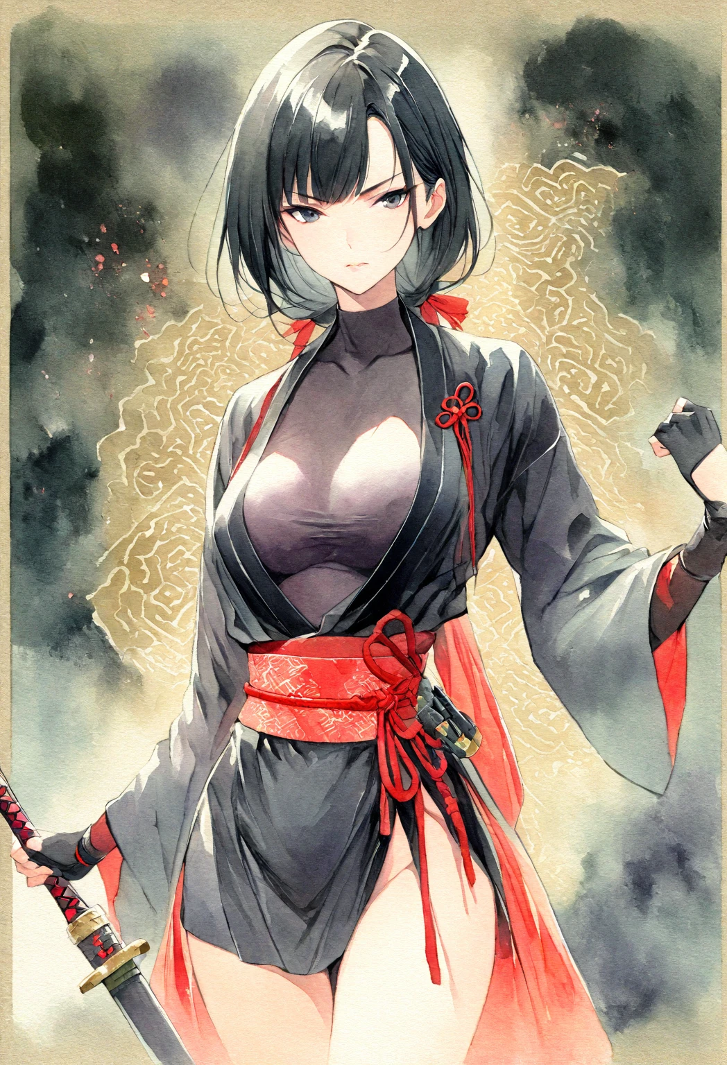 masterpiece, Best quality, Drawing of a black-haired futuristic female ninja illustration, watercolor (medium), 1girl, breast, Dressed in sophisticated modern ninja costumes，Equipped with traditional and technological weapons. She has long black hair，Tied with a red ribbon and a symbol。She must be wearing a high-end black outfit with red accents，These include letters. She holds a dagger，The hilt and scabbard have intricate patterns. The background is the Edo period, Five fingers, Right fist.