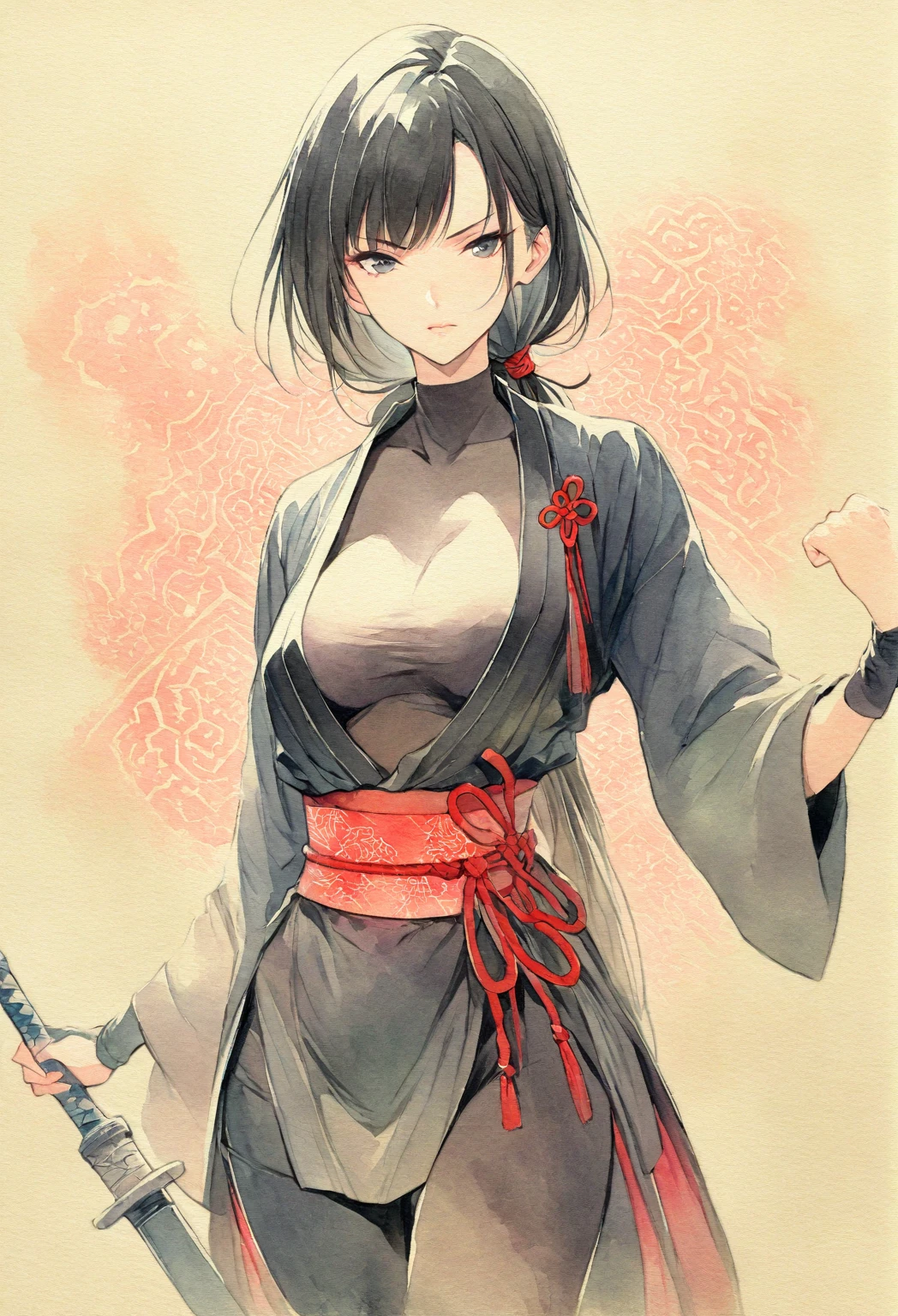 masterpiece, Best quality, Drawing of a black-haired futuristic female ninja illustration, watercolor (medium), 1girl, breast, Dressed in sophisticated modern ninja costumes,Equipped with traditional and technological weapons. She has long black hair,Tied with a red ribbon and a symbol。She must be wearing a high-end black outfit with red accents,These include letters. She holds a dagger,The hilt and scabbard have intricate patterns. The background is the Edo period, Five fingers, Right fist.