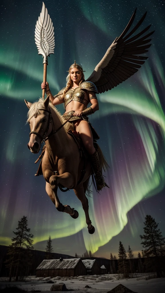 Pegasus mounted VIKING,
 FLYING HIGH IN the SKY portrait of a fit teenaged model as Valkyrie, winged/horse Pegasus, flying above over ruins of a smoldering Viking battlefield, blond braids fling wildly, carrying a long pointed oak spear, looking down from above she swoops in from out of clouds, 
 wearing shining ornate Viking runes shield and armor, up above a majestic northern lights shimmering, Scandinavian woodland backdrop, detailed, candid moment, vintage Polaroid camera, photorealistic