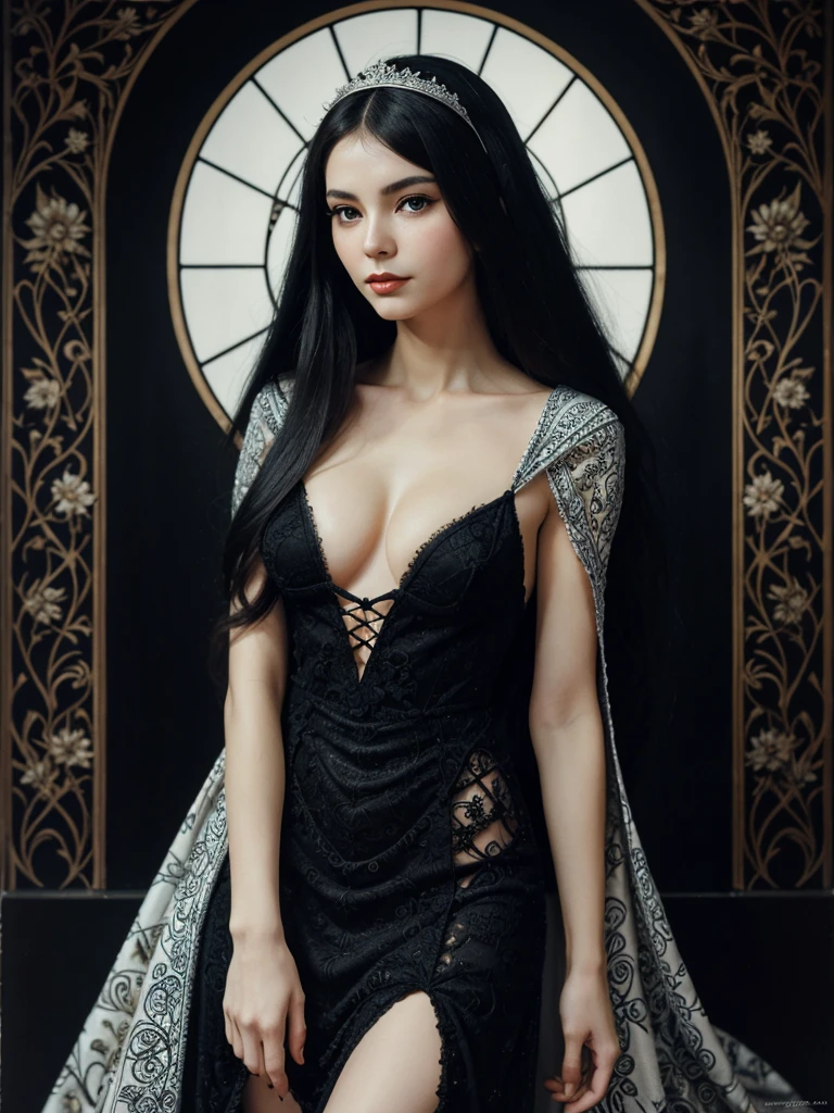 ,full coloured ,Upper body, beautiful mesmerizing face and nose, beautiful eyes and black long hair,,full body portrait ,blue eyes,Clothes detailed patterns,posture,spread legitimacy,Detailed gothic background,dark fantasy background,Inspired by Robert McGinnis, Inspired by Gretel Stern, Takato Yamamoto’s style, Guido Crepax, Guido Crepax-style, with hands, white religious run,full body portrait,Vanya Zoravlev, inspired by Leonor Fini, Long tail cold, Inspired by Takato Yamamoto.white religious run,full body portrait,Inspired by Klimt and Mucha. beautiful eyes, Beautiful and delicate lips, Extremely detailed eyes and face, Long eyelash quality:1.2), Super detailed, (actual:1.37), painting, color contrast, high resolution, black and white dress, red lipstick, white religious run,full body portrait,Inspired by Robert McGinnis, Inspired by Gretel Stern, Yamamoto Takashi style, Guido Crepax style, with hands-inspired, Vanya Zoravlev-inspired, Leonor Fini'inspired, Long tail cold-inspired, Inspired by Takato Yamamoto, Vibrant colors, dramatic lighting, eye-catching composition, fun atmosphere, extreme Feminine elegance, forged,painting,Impressionism