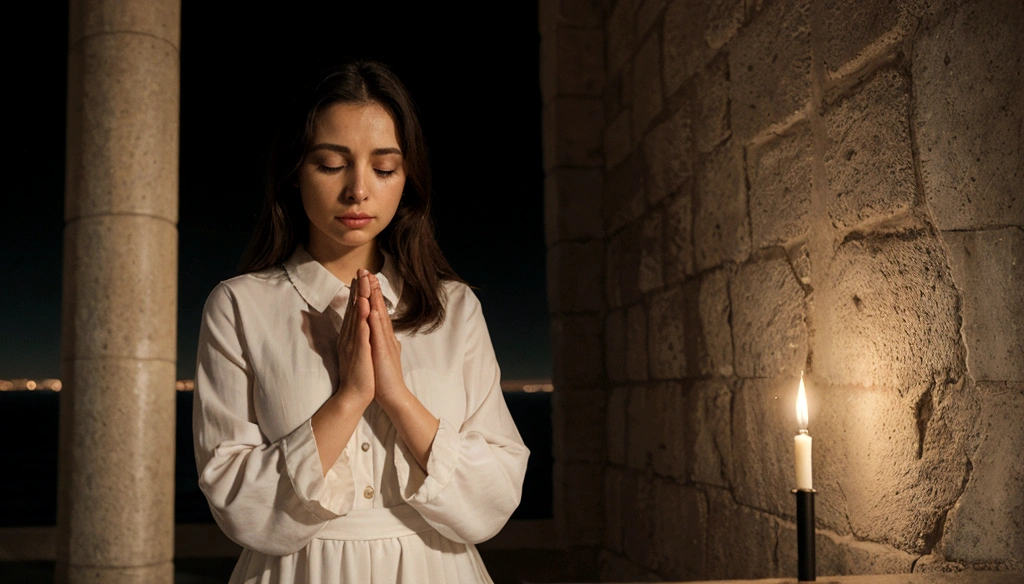 a woman praying with her hands crossed, em frente a uma vela, e uma biblia a frente