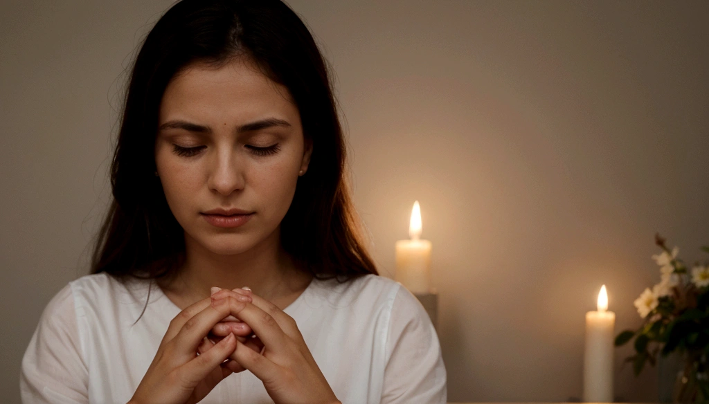 a woman praying with her hands crossed, em frente a uma vela, e uma biblia a frente