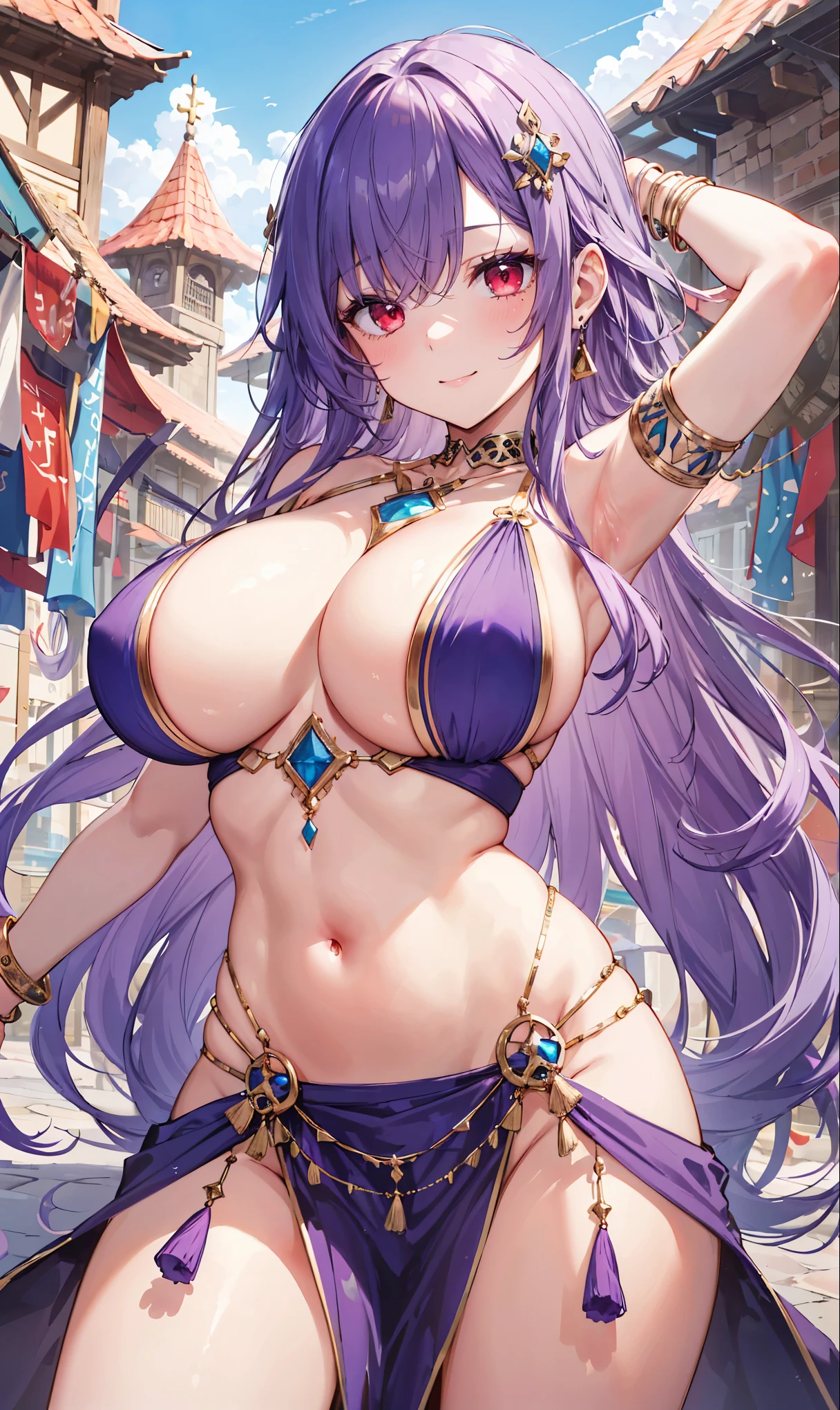 high quality, ultra detailed, best quality, insanely detailed, beautiful, masterpiece, 1girl, medieval plaza, cowboy shot, red eyes, long hair, purple hair, belly dancer, circlet, earrings, armlets, bracelets, bashful smile, large breasts, cleavage, soft stomach