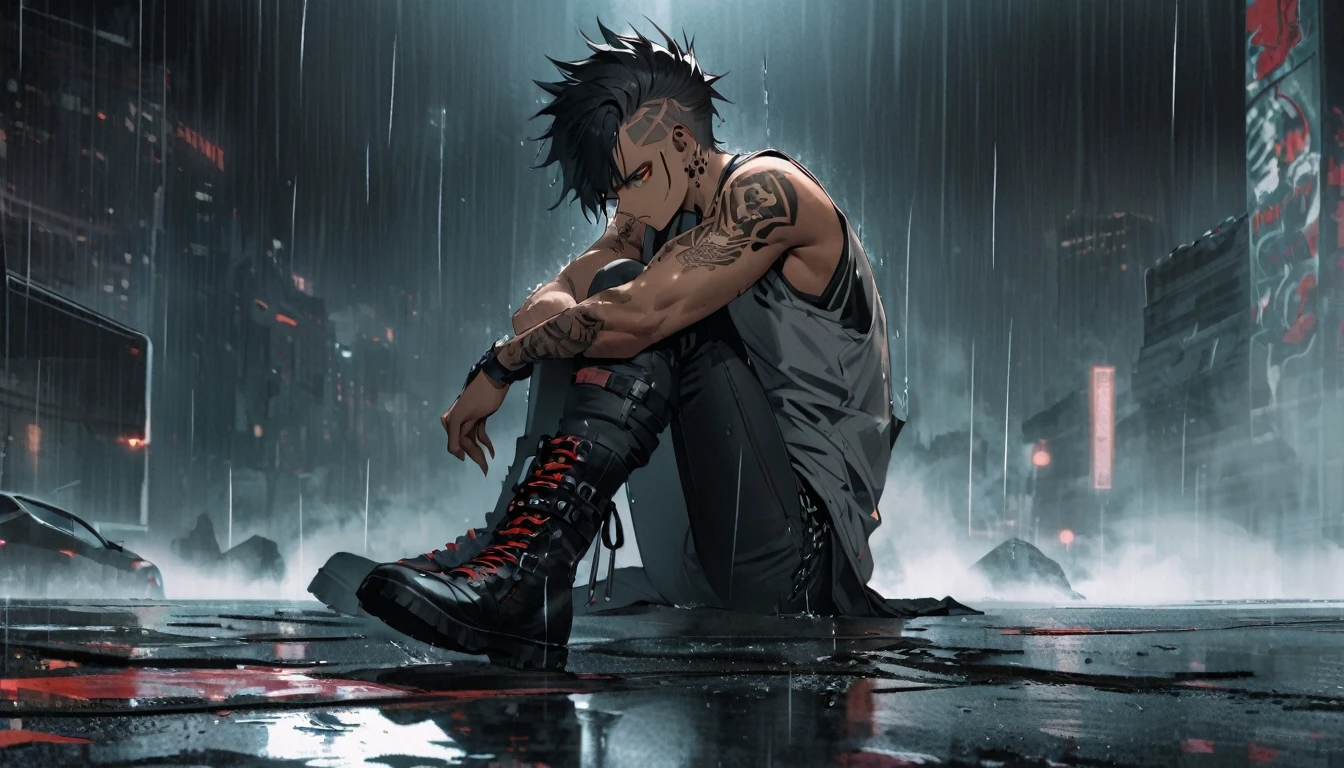 tanned skin, badass, thighs,  looking at us, raining, wet, dripping, shocking black hair, punk,  futuristic elements,  black jeans with boots, tattoos, ((he is solo)), ((he is alone)), gray tank top, athletic, dante, dmc
