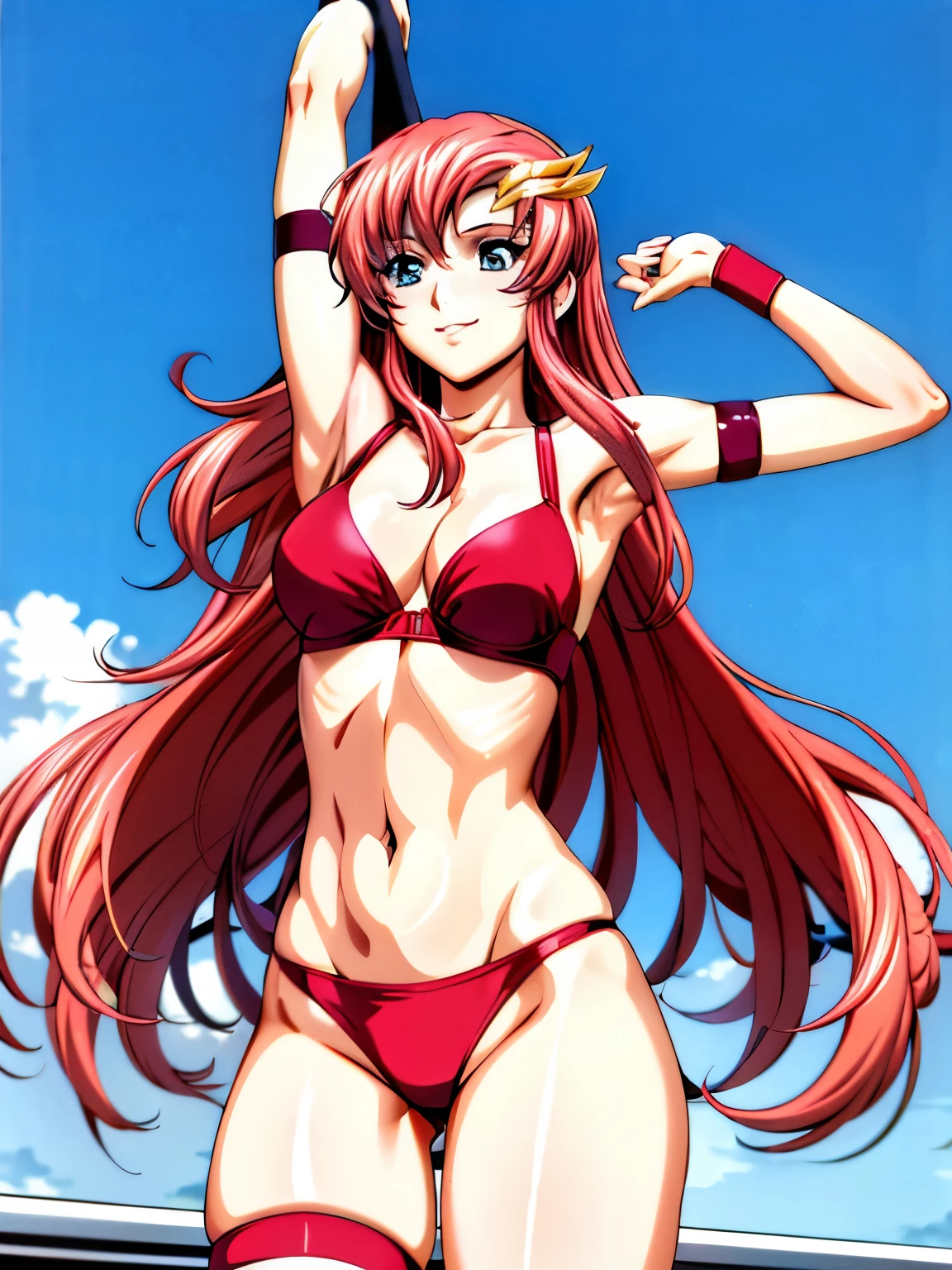 lacus4, (red bikini, running, thong, tall girl, masterpiece, cowboy shot, very slim shoulders, 4K, Best Quality, Anime style: 1.9, happy, Adult Woman, (ultra detailed head), (Crowd, cloud background), Drawing lines, high resolution, lacus4), 1girl, Solo, curvy figure, clavicle, scapular, (Detailed wide hair bangs, very long hair, Hair Ornament, Detailed reddish-pink hair, free flowing hair, shiny streaks, slim arms, detailed golden crest), cleavage, (hair cover shoulders). (Big blue eyes, shiny eyes), ((female wrestler, (slim body), slim arms, thighs)), ((perfect proportions, medium breasts, medium thighs, long belly)), ((totally red bra, leg strap)), smile with a wink, (standing, hot colors), detailed fingers, (bare shoulder, stretching, one arm up, white armpit, looking away)
