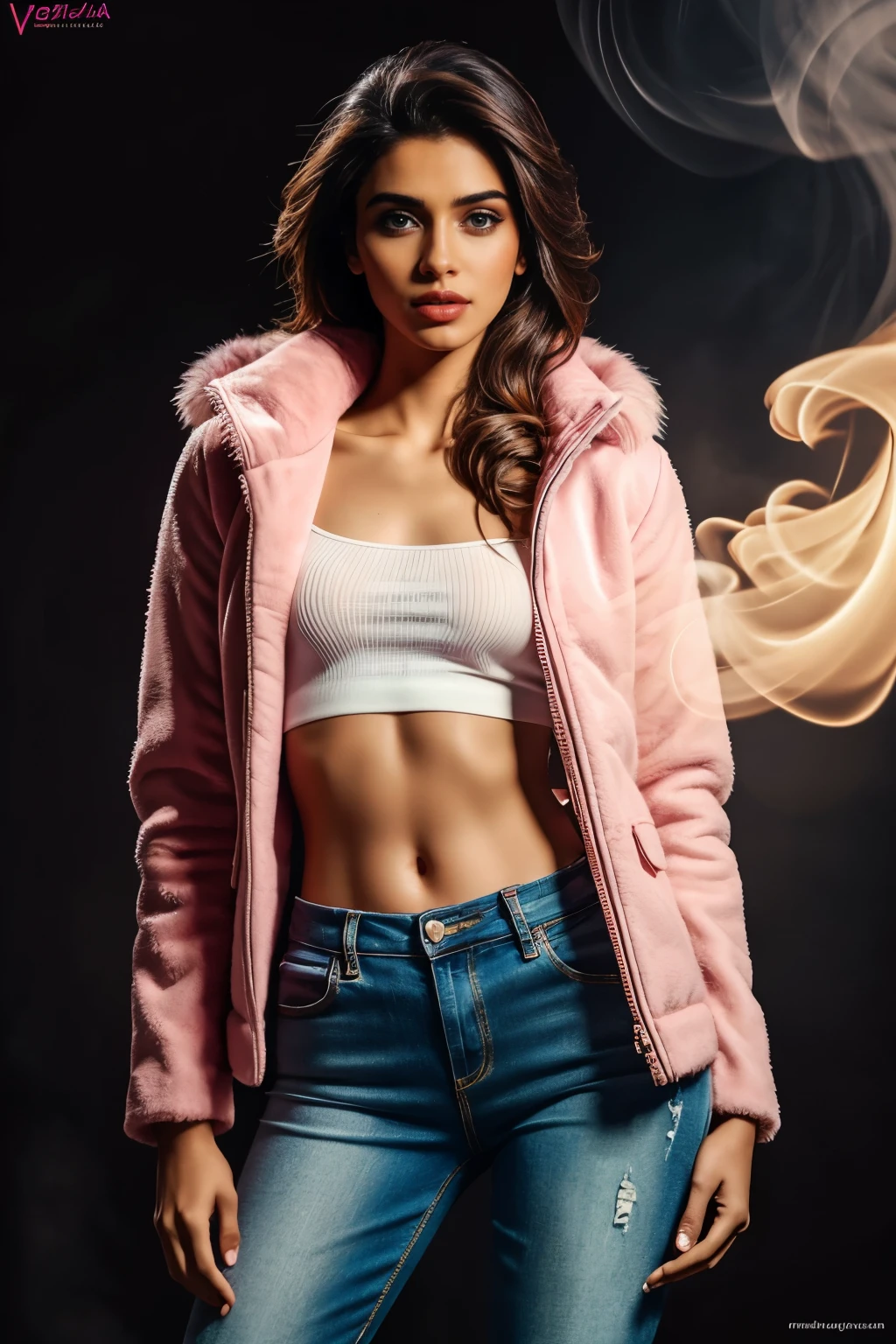 (Best quality, realistic: 1), Indian sexy Instagram model, pink furry jacket, Detailed eyes and lips, Bold expression, refined, light background, Smoke effect, professional, erotic, sharp focus, volumetric light, rim light, key light, light background