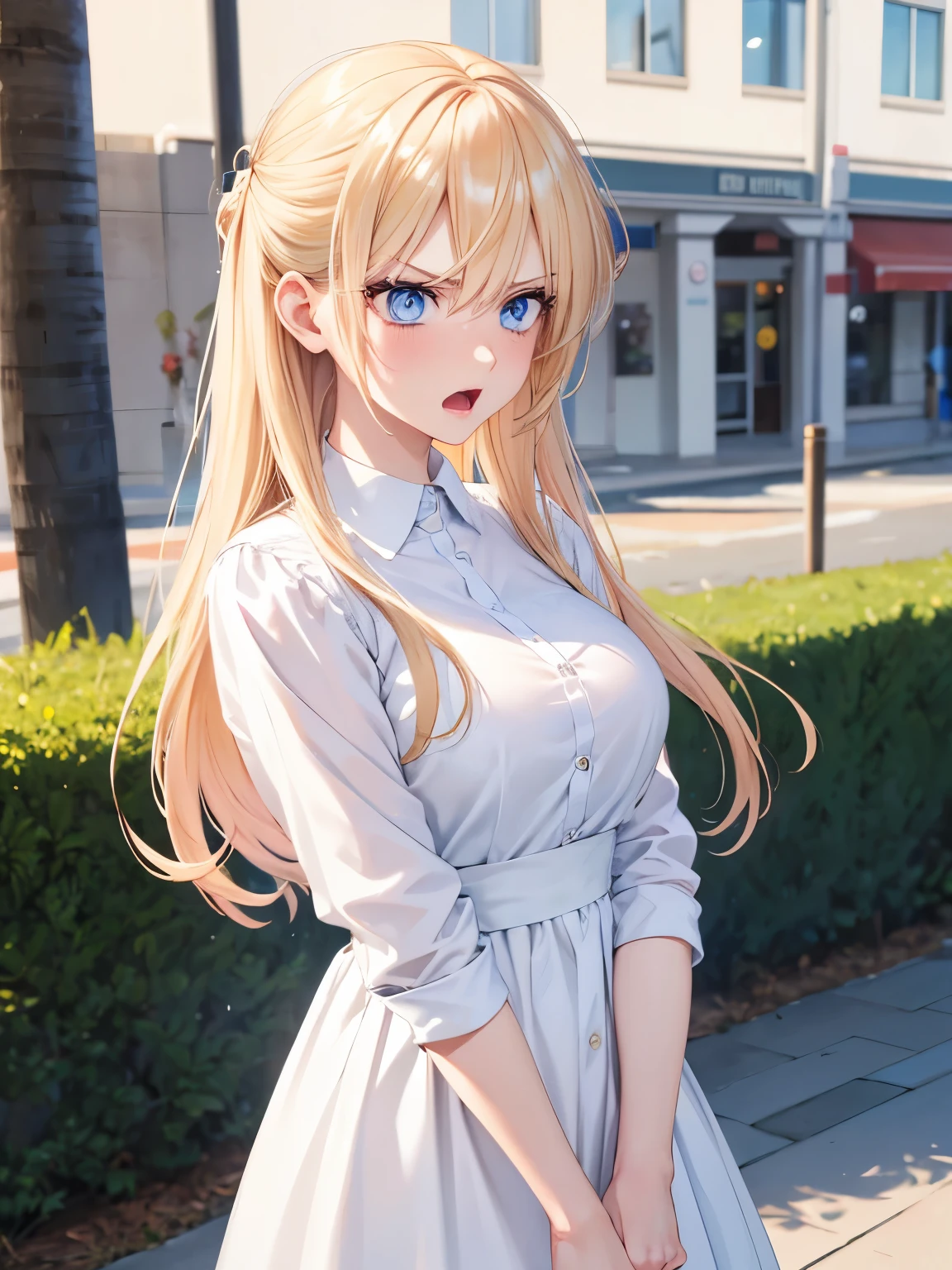 1woman,blue eyes,angry expression,Very angry, frustrated,Mouth open, screaming,,Look up,Facing right, camera angle from the side, photo from the side,  Beautiful makeup, long eyelashes,early in the morning,stunning,half body photo, very detailed face,cute,,HD face, perfect face,Short white dress, pink cardigan,very big breasts,Blonde hair,blonde hair,bangs,long hair, straight hair,ultra detail,ultra Hd, masterpiece,4k