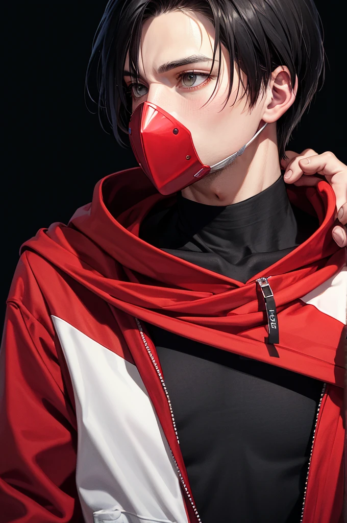 A man, wearing mask, red hoodie, Levi Ackerman hairstyle, black hair, high quality masterpiece, black background, big body 