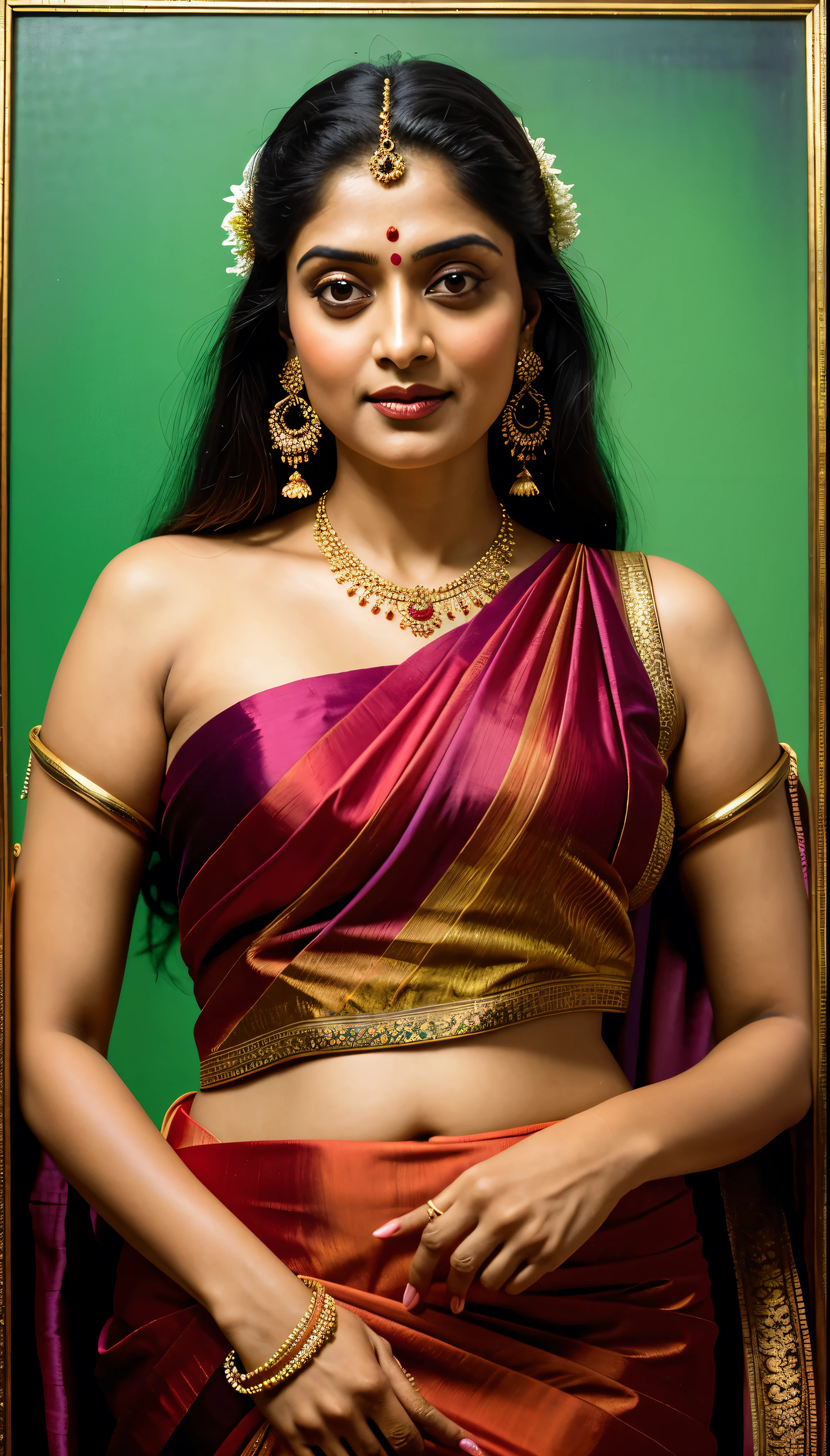 Beautiful painting of a woman in a sari with a necklace and earrings, looks like Sandeepa Dhar, inspired by Raja Ravi Varma, szukalski ravi varma, portrait of a beautiful goddess, by Raja Ravi Varma, indian goddess, traditional beauty, a stunning portrait of a goddess, inspired by T. K. Padmini, indian art, indian goddess of wealth, portrait of a goddess