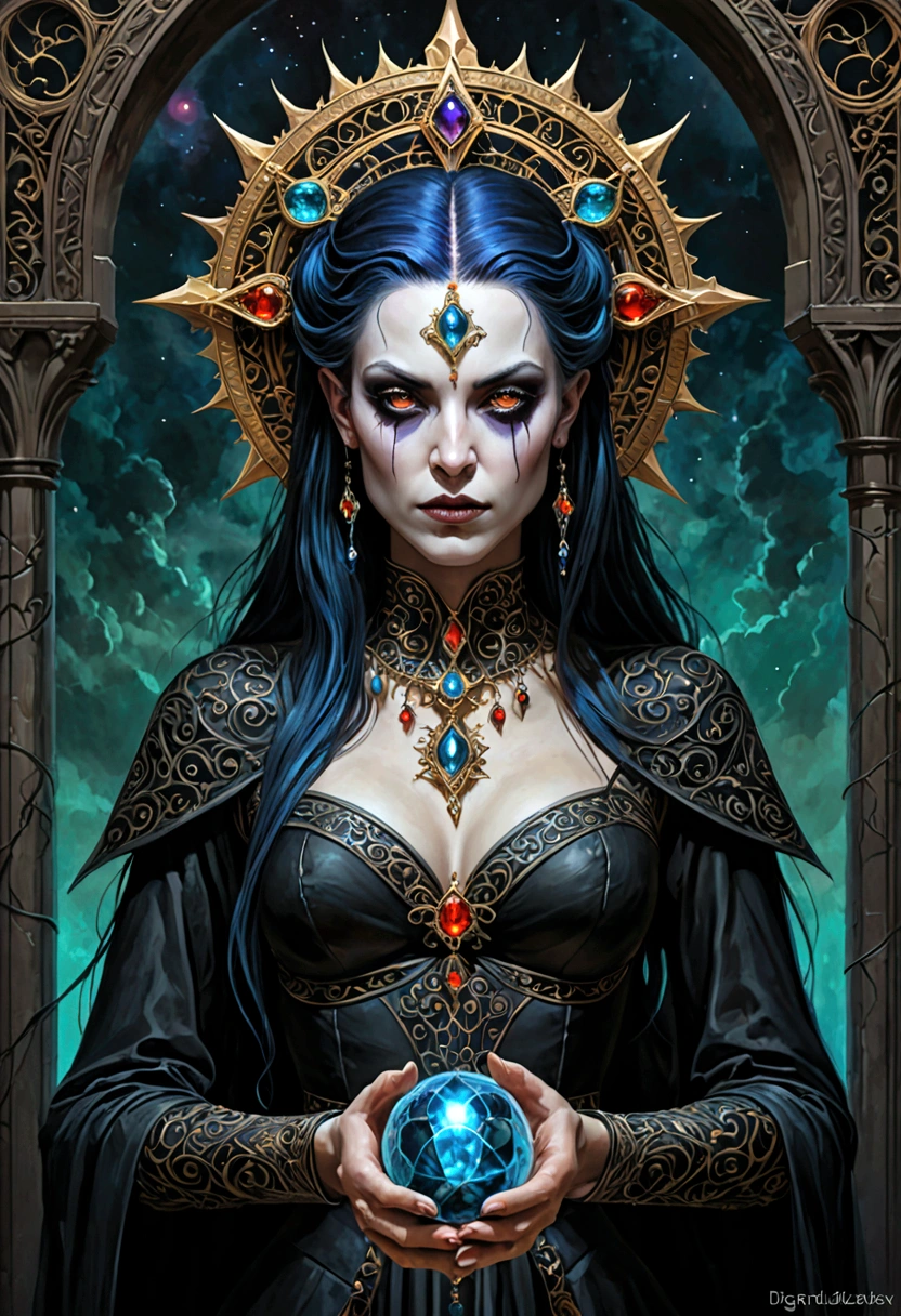 Escuro, profano, ser, astral, estilo olpntng assustador, vampiro, Mystic, rosto bonito perfeito com pele lisa com uma mascara nos olhos, Holding a scale, Retrato de Arte Conceitual de Greg Rutkowski, digite germe, Hyper-detailed and intricately detailed Gothic art in ArtStation's triadic colors, motor irreal, genial, detalhes intrincados, tela inicial, cores complementares, arte conceitual de fantasia, 8k resolution, masterpiece of gothic deviantart, oils, Acidentes vasculares cerebrais intensos, gotejamento de tinta, Escuro, profano, ser, astral, horripilante, cabelo curto