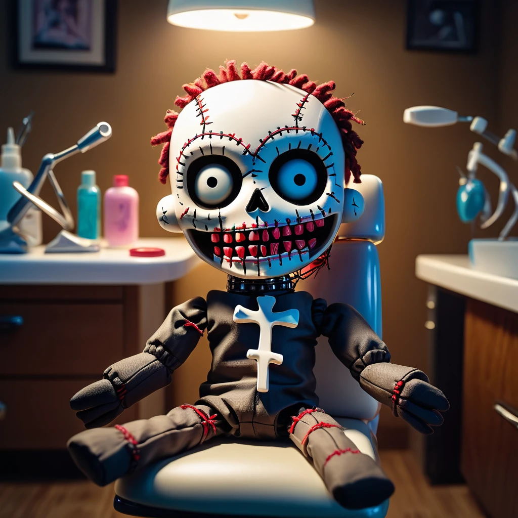 (knitted toy voodoo doll:1.8), male, sits on the dentist's chair, (holds a cross in his hands:1.1), in front of her is a dental device, around is the atmosphere of a dentistry, best quality, masterpiece, detailed soft oil painting, detailed background, dramatic cinematic lighting, soft edge lighting, professional, dramatic lighting, hard edge lighting, ultra quality, 4k, masterpiece, best quality, 8k, ultra high definition, high resolution, extremely detailed