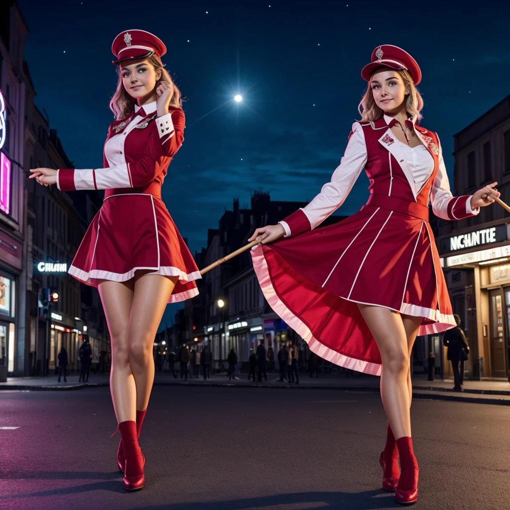 1 fille, 20 ans, 150cm, timide, generous chest, gros cul, majorette , veux danser, image net, 4K, dans une rue vide, in front of a cinema, la nuit,