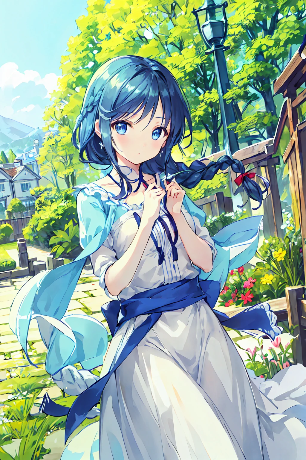 Tabletop, highest quality,shape, wallpaper, Very detailed, Absurd beauty、1 beautiful girl、 (Mid-length hair、Short braided hair), Very detailed beautiful eyes , Hair blowing in the wind、Please make the head smaller、garden、great outdoors、gardenの風景