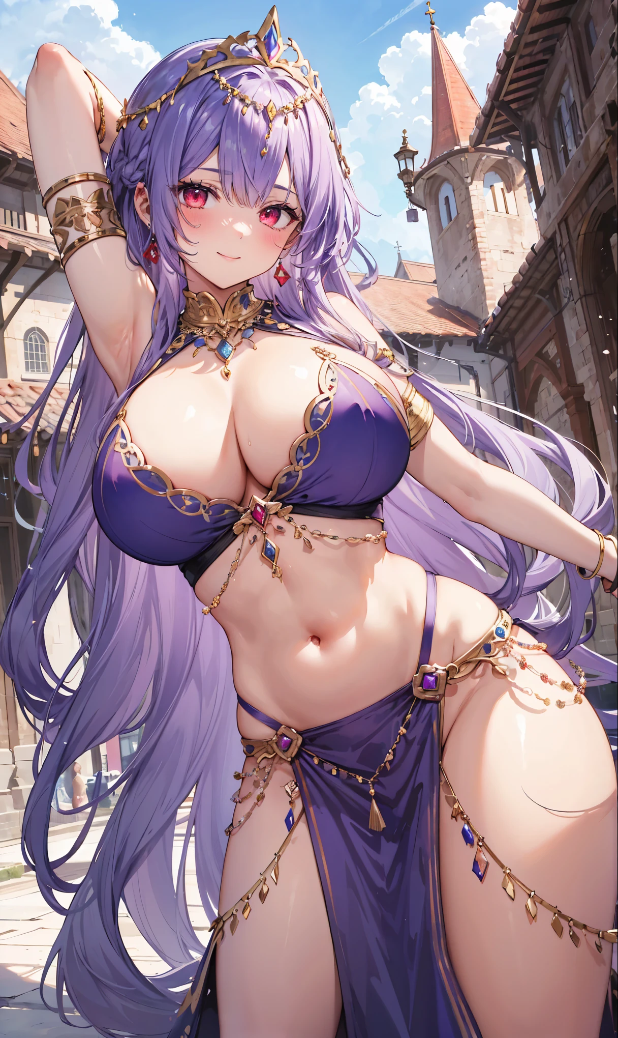 high quality, ultra detailed, best quality, insanely detailed, beautiful, masterpiece, 1girl, medieval plaza, cowboy shot, red eyes, long hair, purple hair, belly dancer, circlet, earrings, armlets, bracelets, bashful smile, large breasts, cleavage, soft stomach