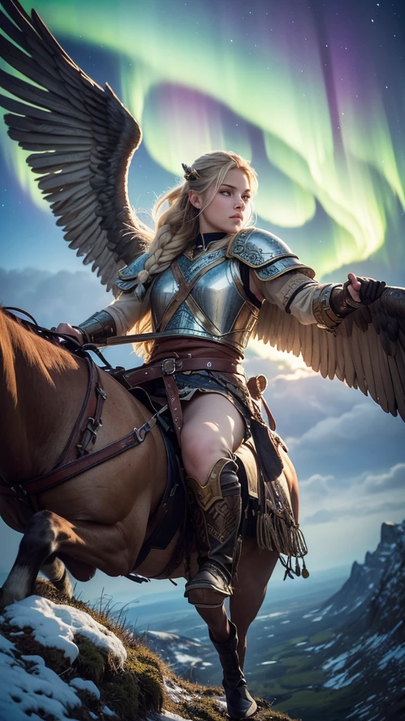 Pegasus mounted VIKING,
 FLYING HIGH IN the SKY portrait of a fit teenaged model as Valkyrie, winged/horse Pegasus, flying above over ruins of a smoldering Viking battlefield, blond braids fling wildly, carrying a long pointed oak spear, looking down from above she swoops in from out of clouds, 
 wearing shining ornate Viking runes shield and armor, up above a majestic northern lights shimmering, Scandinavian woodland backdrop, detailed, candid moment, vintage Polaroid camera, photorealistic