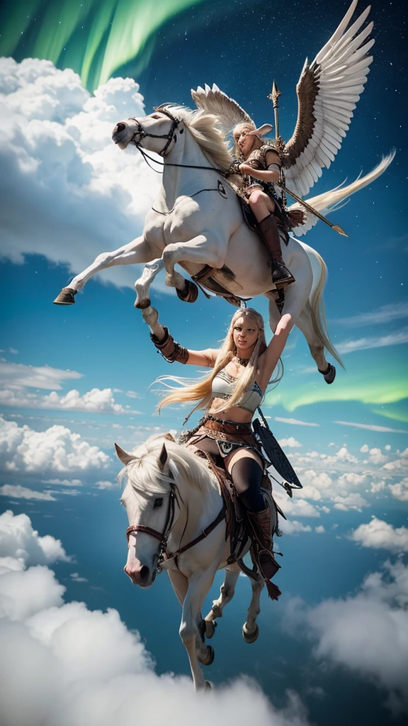 Pegasus mounted VIKING,
FLYING HIGH IN the SKY portrait of a fit teenaged model as Valkyrie, winged/horse Pegasus, flying above over ruins of a smoldering Viking battlefield, blond braids fling wildly, carrying a long pointed oak spear, looking down from above she swoops in from out of clouds,
wearing shining ornate Viking runes shield and armor, up above a majestic northern lights shimmering, Scandinavian woodland backdrop, detailed, candid moment, vintage Polaroid camera, photorealistic