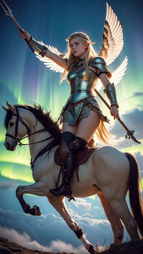 Pegasus mounted VIKING,
FLYING HIGH IN the SKY portrait of a fit teenaged model as Valkyrie, winged/horse Pegasus, flying above over ruins of a smoldering Viking battlefield, blond braids fling wildly, carrying a long pointed oak spear, looking down from above she swoops in from out of clouds,
wearing shining ornate Viking runes shield and armor, up above a majestic northern lights shimmering, Scandinavian woodland backdrop, detailed, candid moment, vintage Polaroid camera, photorealistic