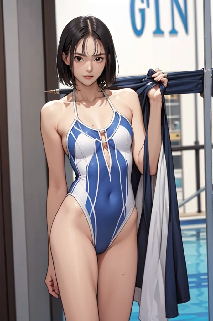 ((masterpiece, best quality)),((highres:1.2)), 1 Girl, solo, Blurred Background, (Straight Hair:1.2), ((One piece swimsuit)), ((flat chest)), Thighs, pool, ((Groin)), (slanted eyes), ((Special pose:1.2)), ((leg lift)), (Pencilskirt), bangs, short hair
