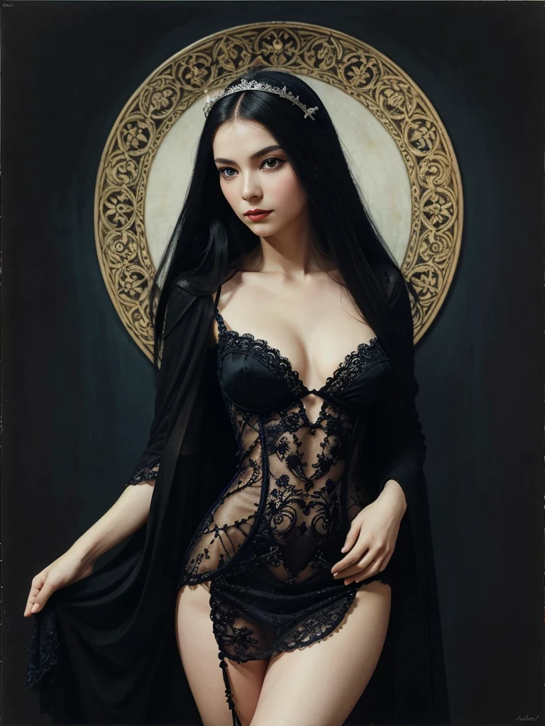 ,full coloured ,Upper body, beautiful mesmerizing face and nose, beautiful eyes and black long hair,，full body portrait ,blue eyes,Clothes detailed patterns,posture,spread legitimacy,Detailed gothic background,dark fantasy background,Inspired by Robert McGinnis, Inspired by Gretel Stern, Takato Yamamoto’s style, Guido Crepax, Guido Crepax-style, with hands, white religious run，full body portrait，Vanya Zoravlev, inspired by Leonor Fini, Long tail cold, Inspired by Takato Yamamoto.white religious run，full body portrait，Inspired by Klimt and Mucha. beautiful eyes, Beautiful and delicate lips, Extremely detailed eyes and face, Long eyelash quality:1.2), Super detailed, (actual:1.37), painting, color contrast, high resolution, black and white dress, red lipstick, white religious run，full body portrait，Inspired by Robert McGinnis, Inspired by Gretel Stern, Yamamoto Takashi style, Guido Crepax style, with hands-inspired, Vanya Zoravlev-inspired, Leonor Fini&#39;inspired, Long tail cold-inspired, Inspired by Takato Yamamoto, Vibrant colors, dramatic lighting, eye-catching composition, fun atmosphere, extreme Feminine elegance, forged，painting，Impressionism